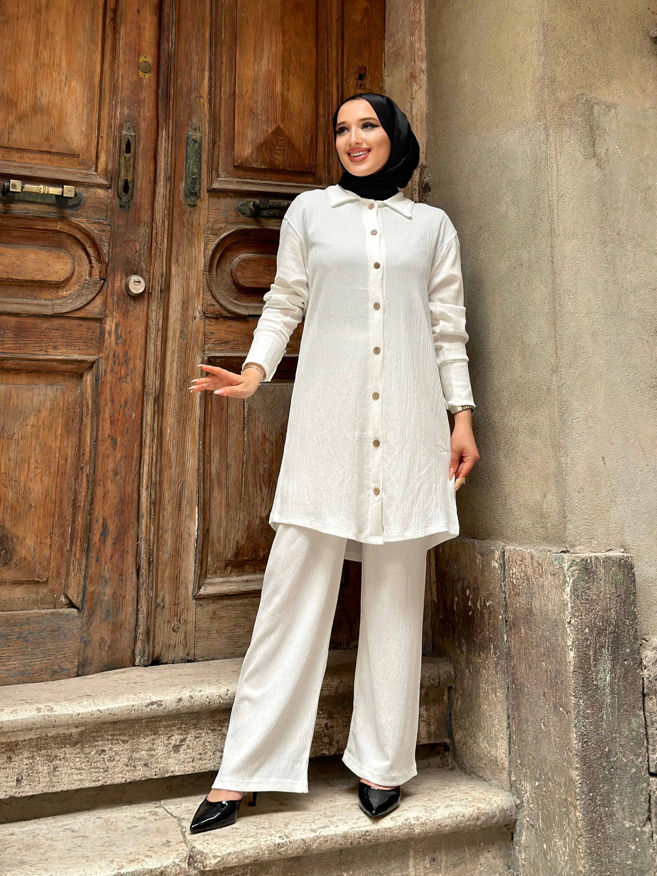 Fatima Buttoned Cotton 2 Piece Set - Off White