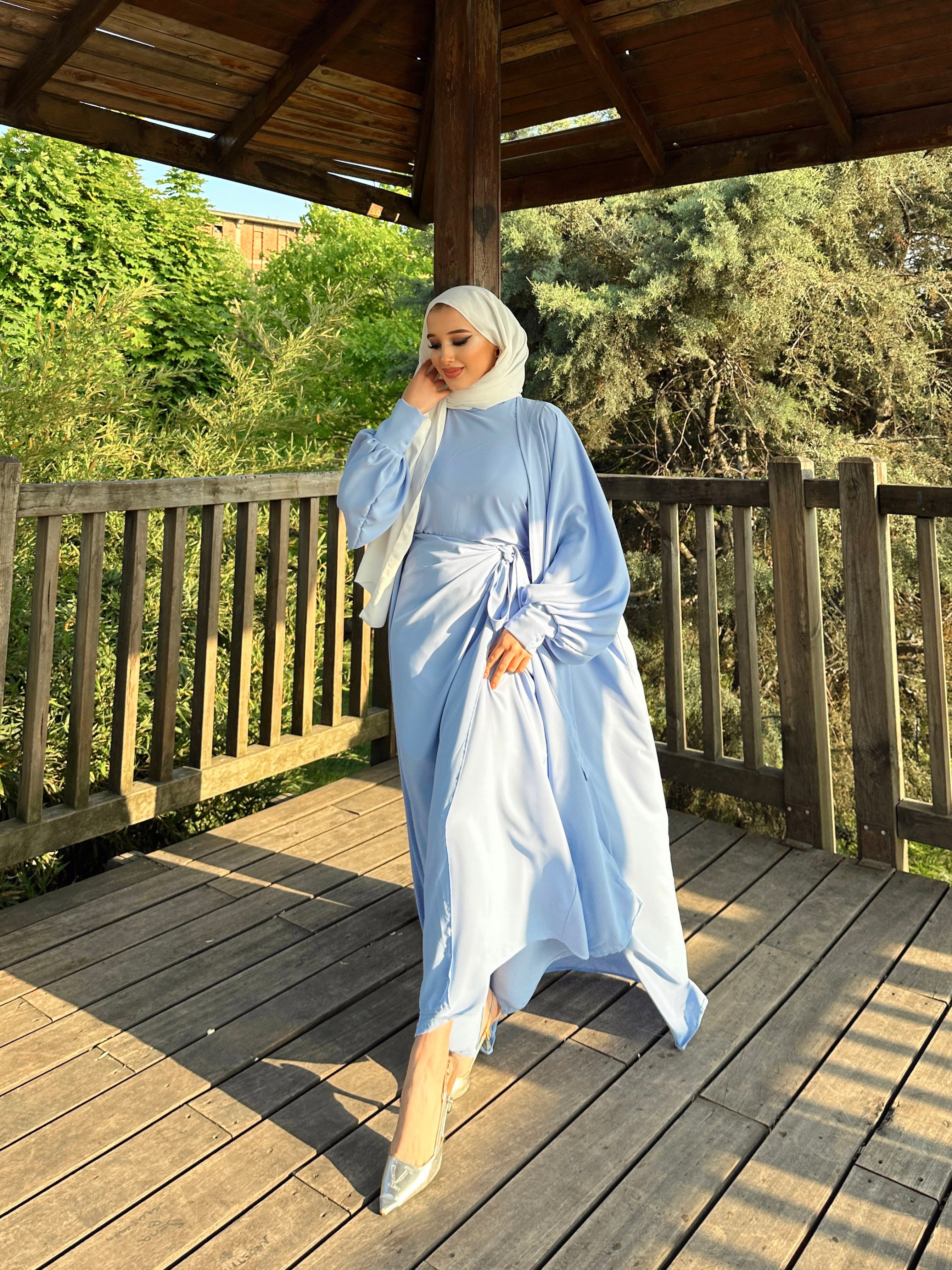 Nesreen 3 Piece Abaya Set - Sky Blue