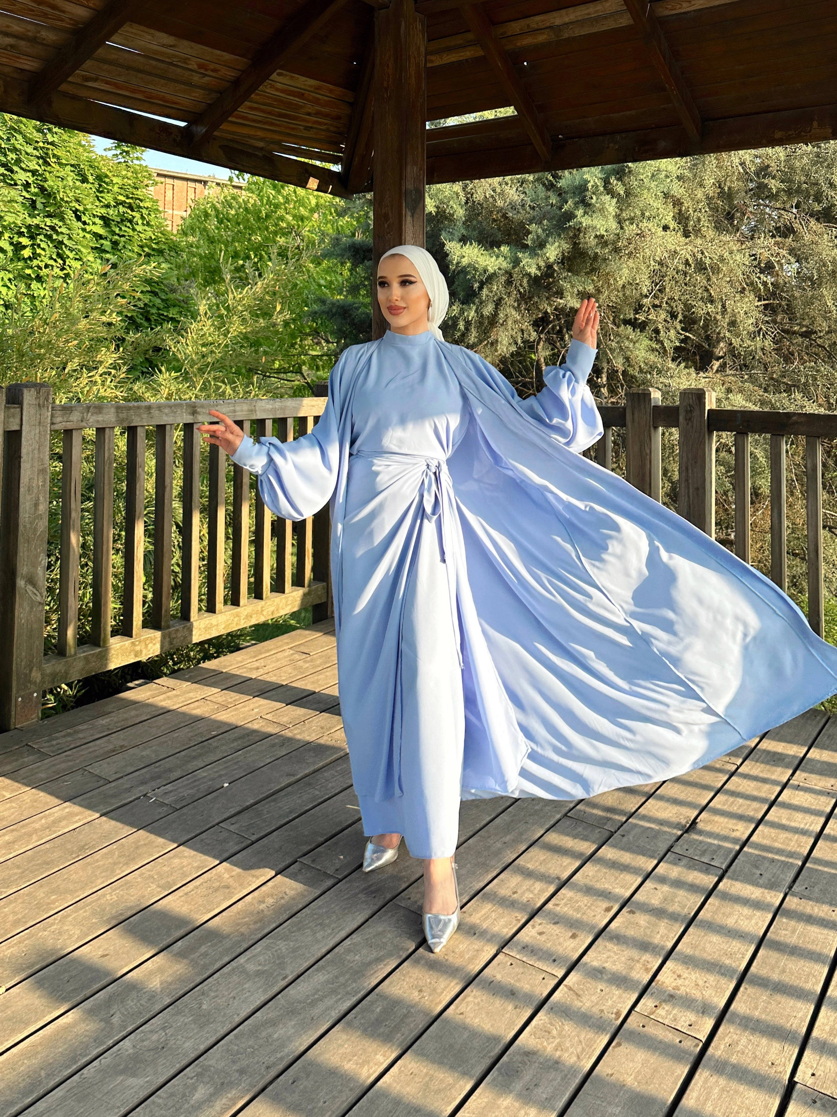 Nesreen 3 Piece Abaya Set - Sky Blue