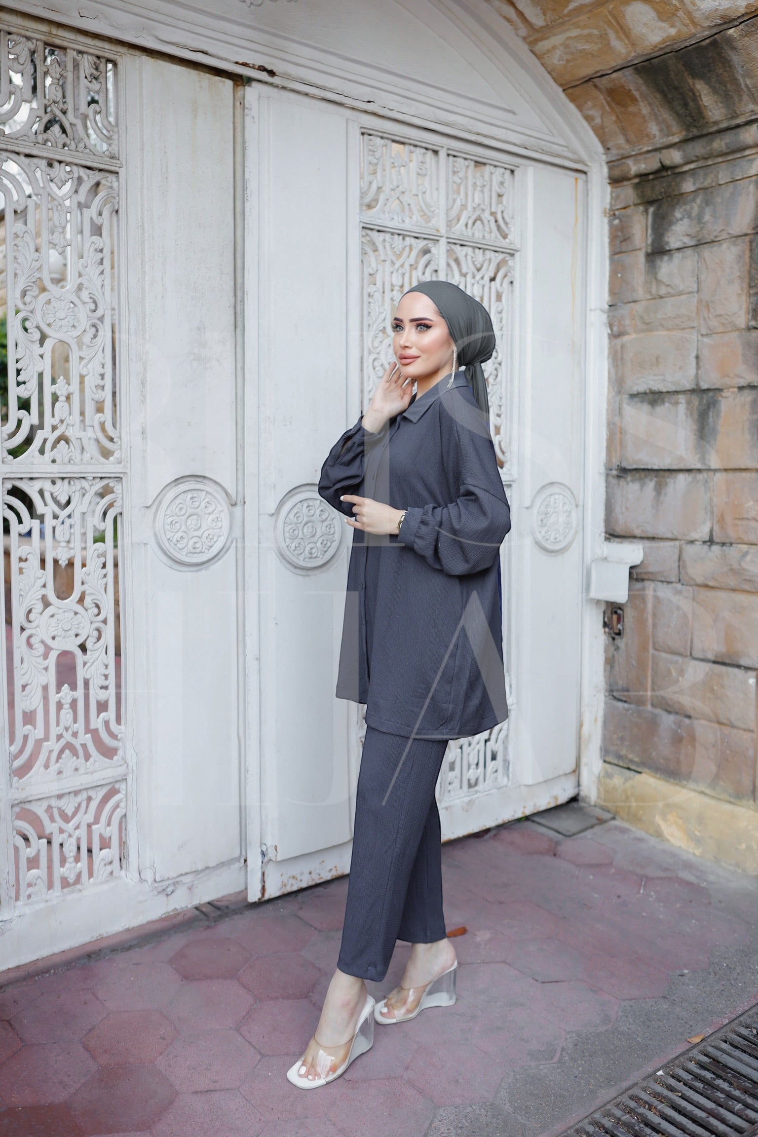 Fatin Buttoned Cotton 2 Piece Set - Charcoal