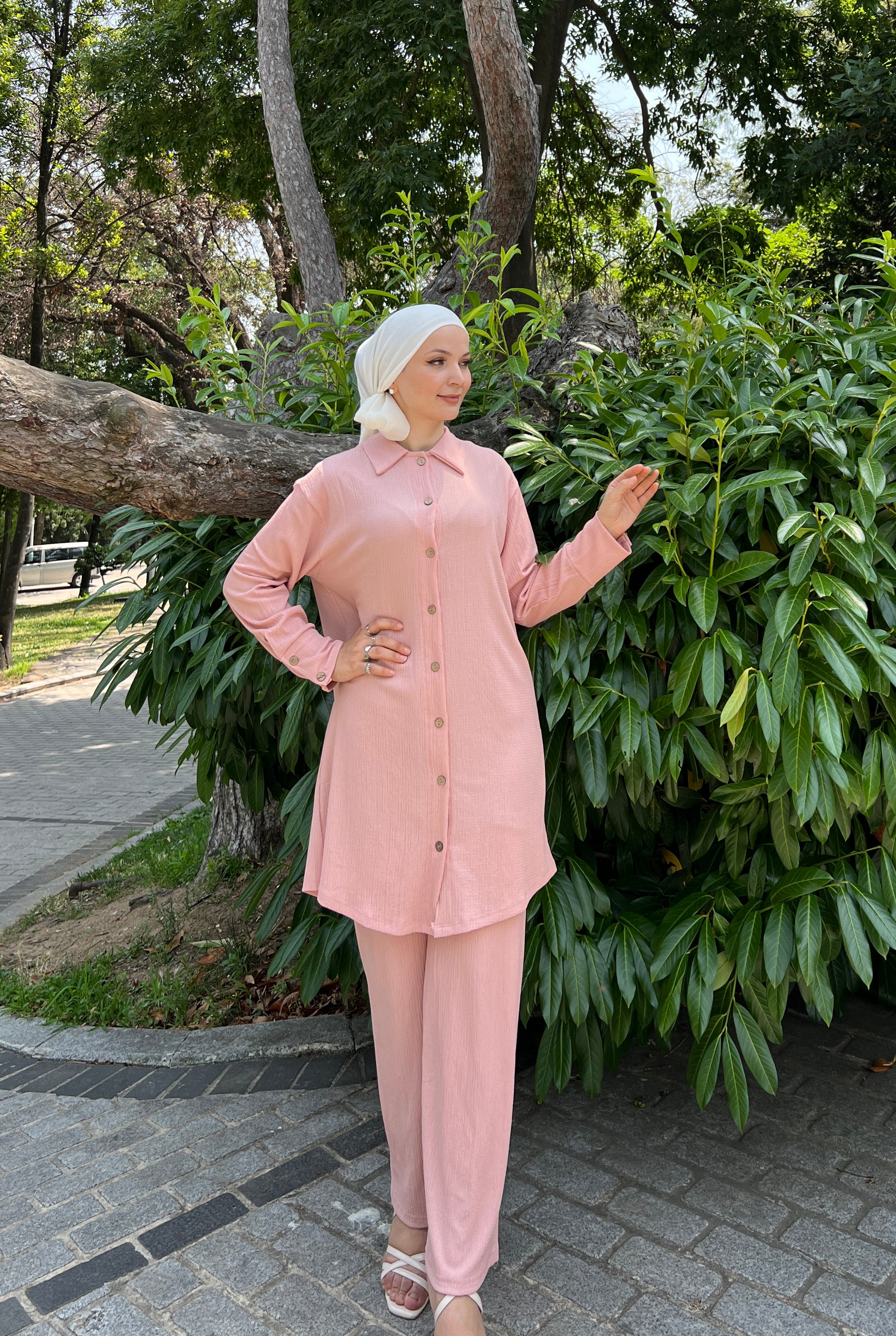 Fatima Buttoned Cotton 2 Piece Set - Rose