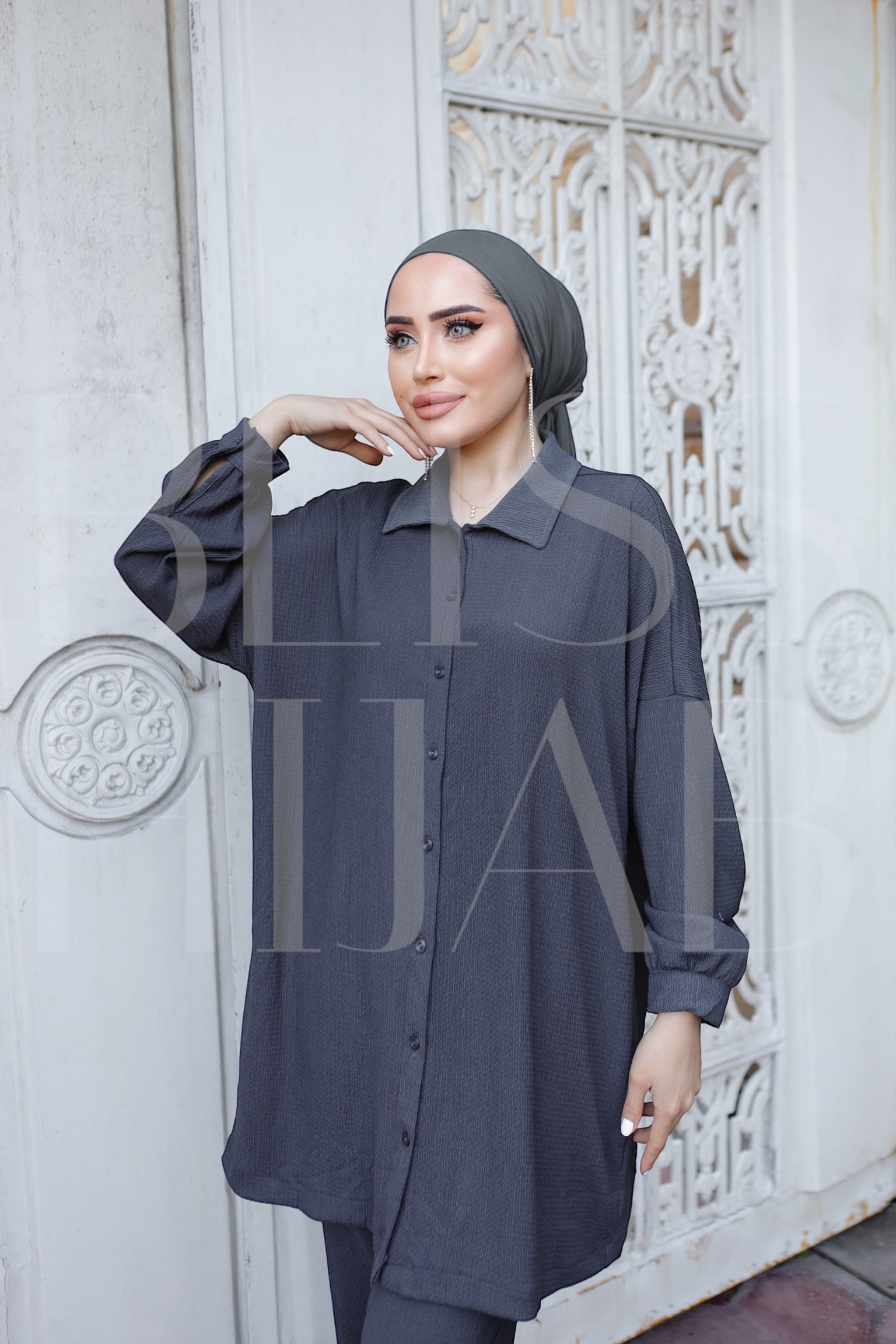 Fatin Buttoned Cotton 2 Piece Set - Charcoal