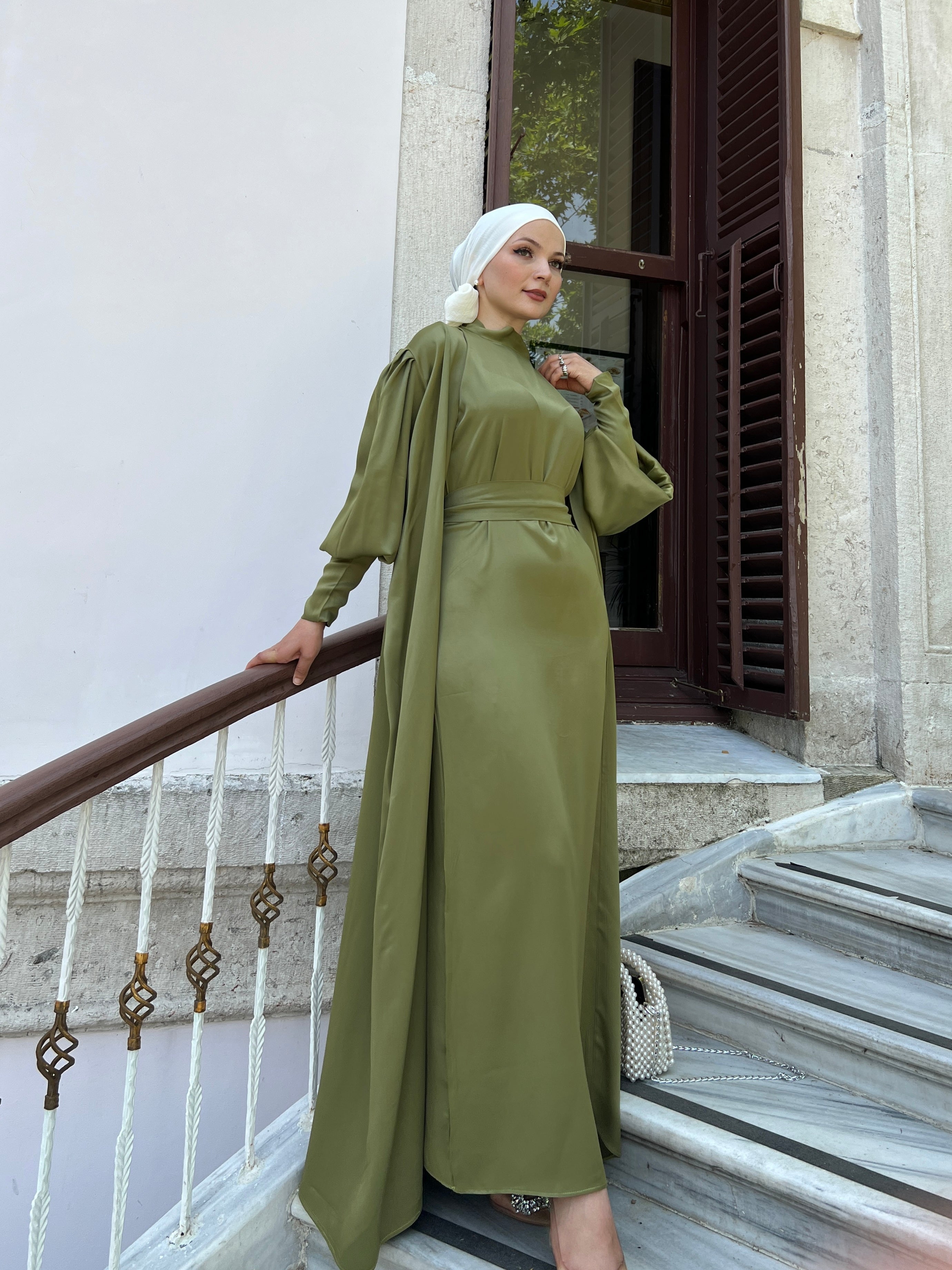 Nariman 2 Piece Satin Open Abaya Set - Olive