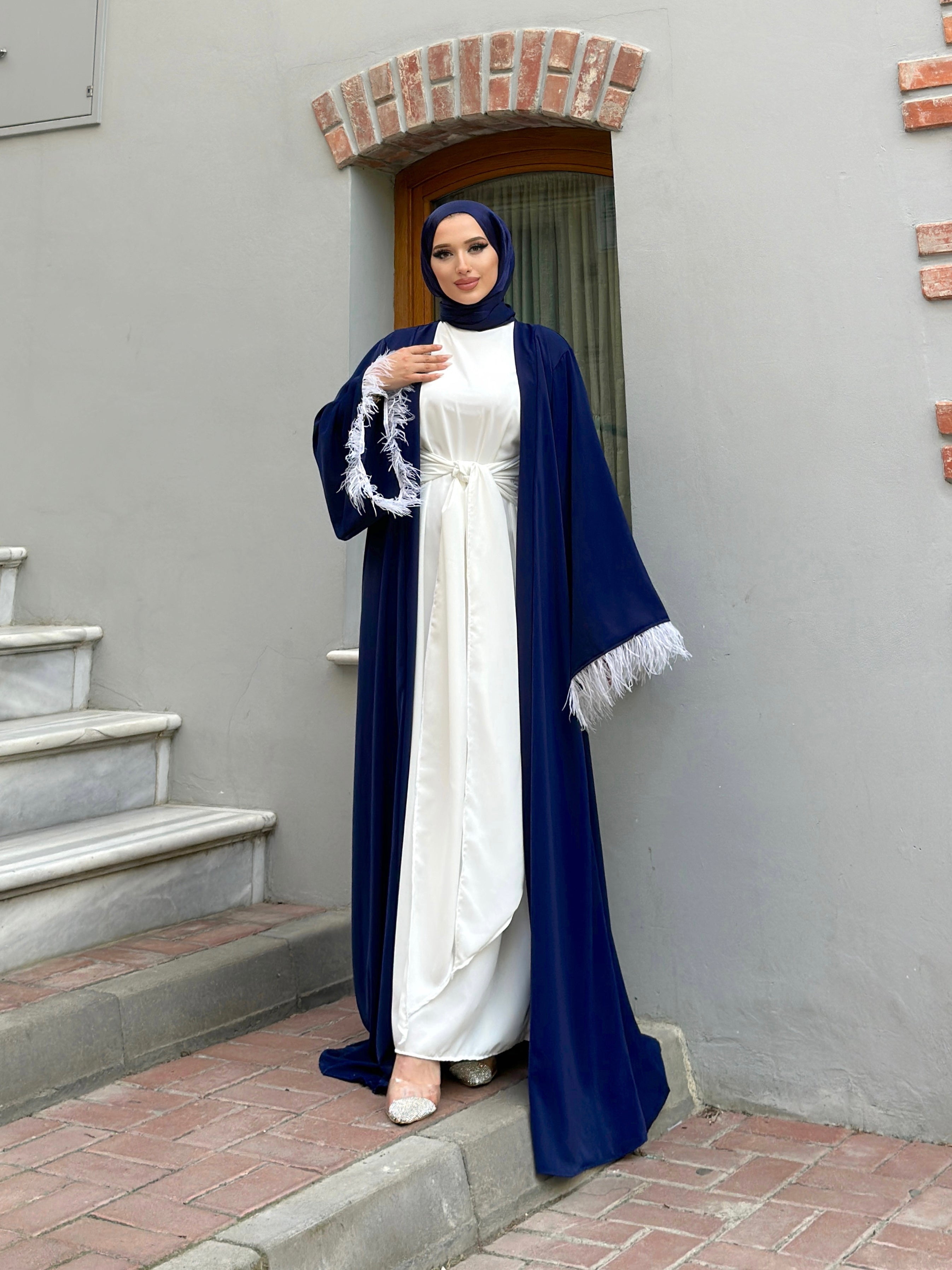 Inam 2 Piece Feather Open Abaya Set - Navy