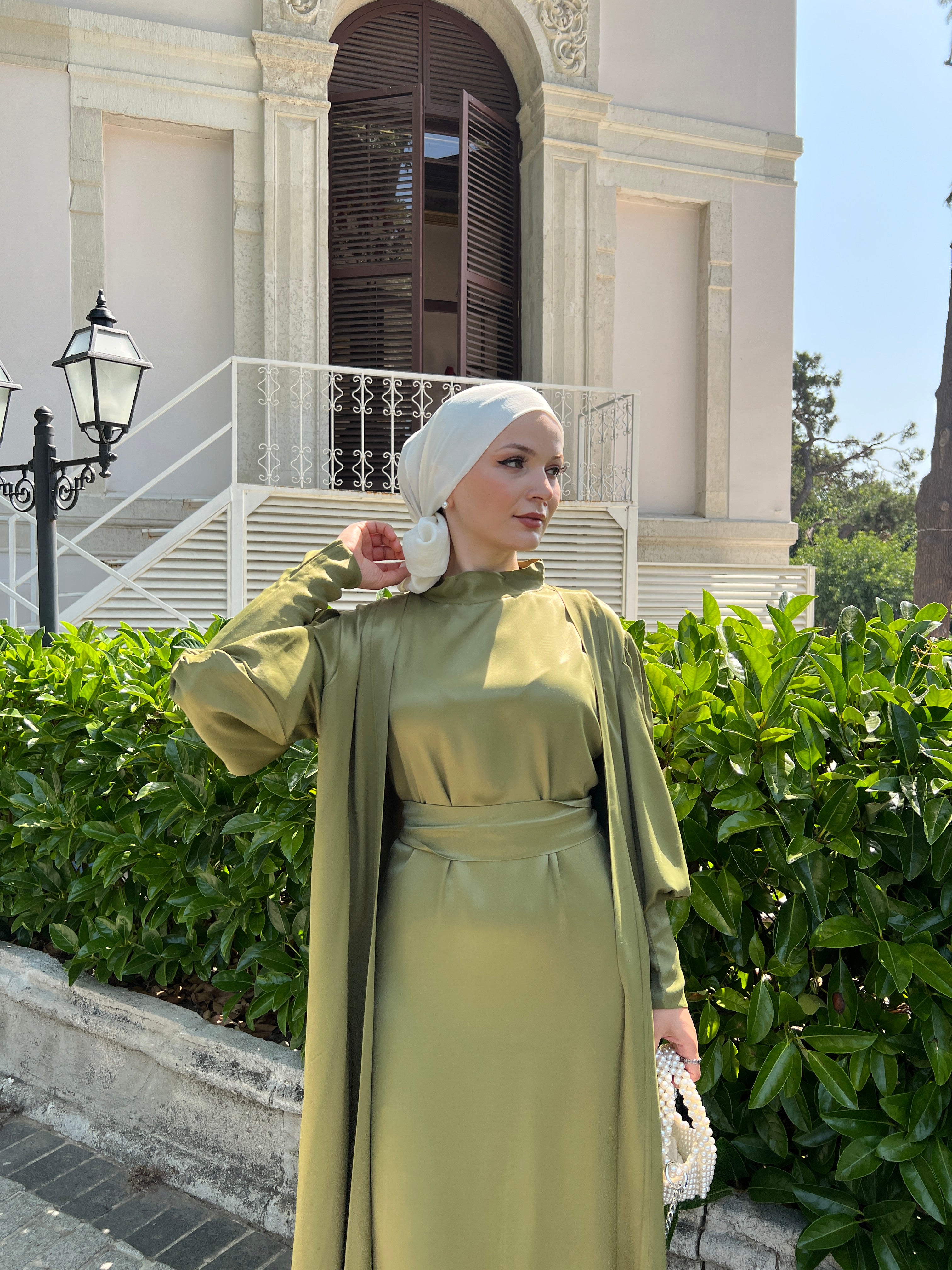 Nariman 2 Piece Satin Open Abaya Set - Olive