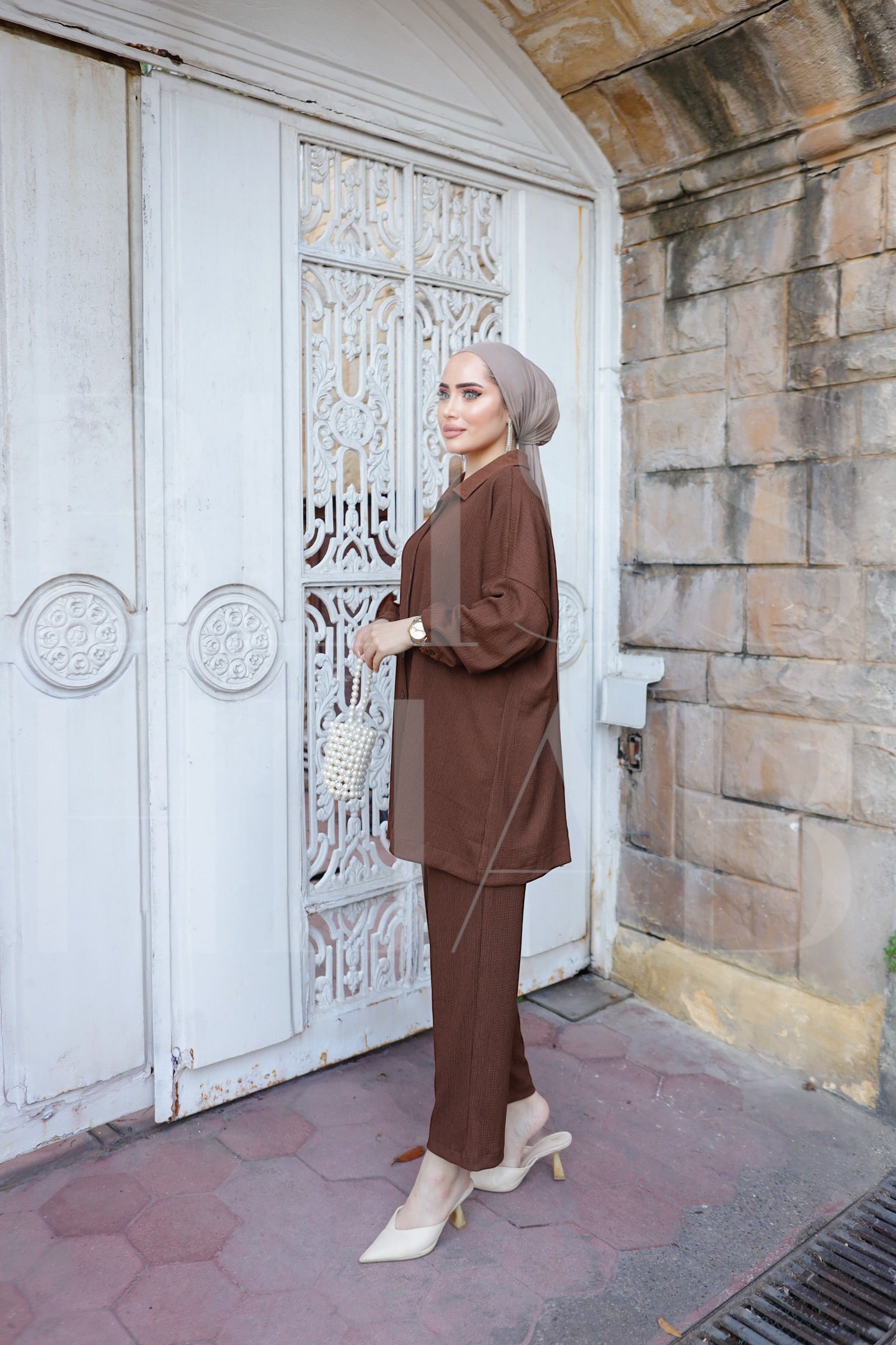 Fatin Buttoned Cotton 2 Piece Set - Brown