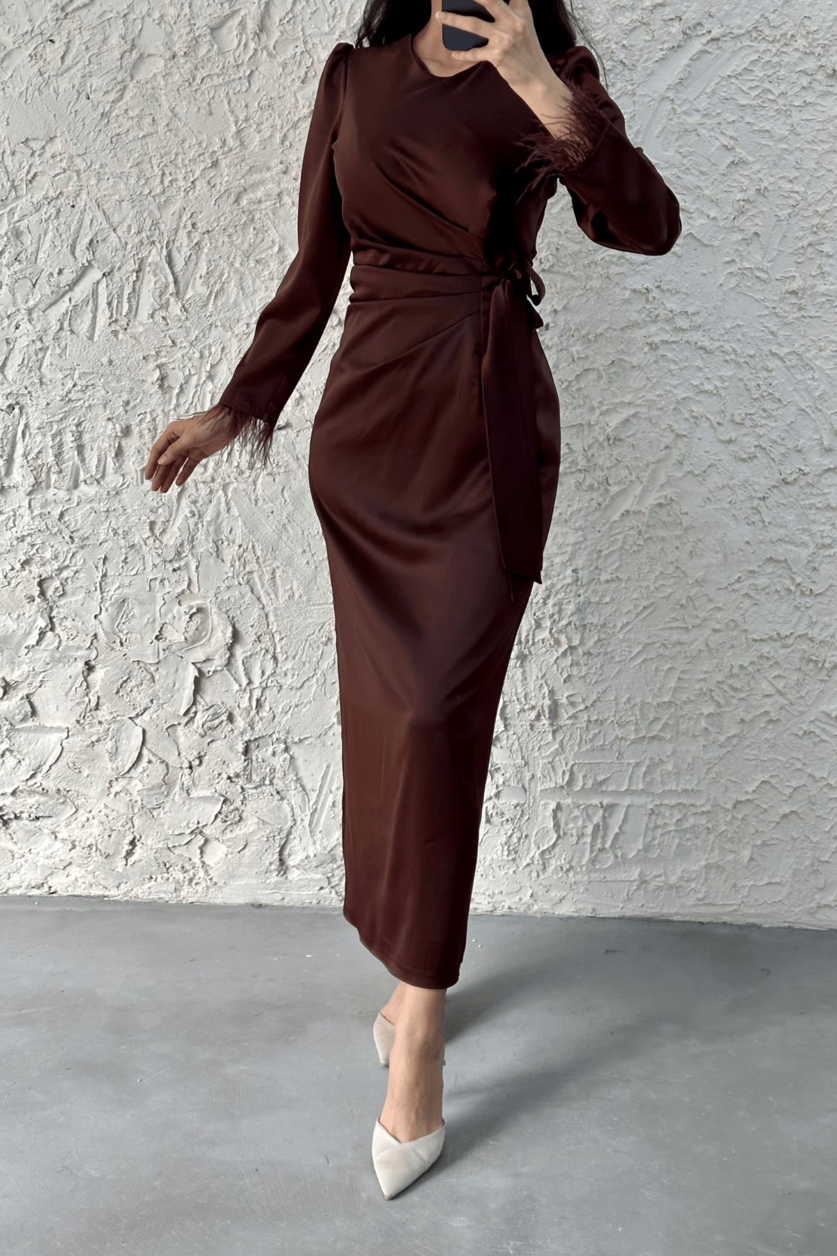 Lamis Feather Sleeve Satin Wrap Maxi Dress - Brown