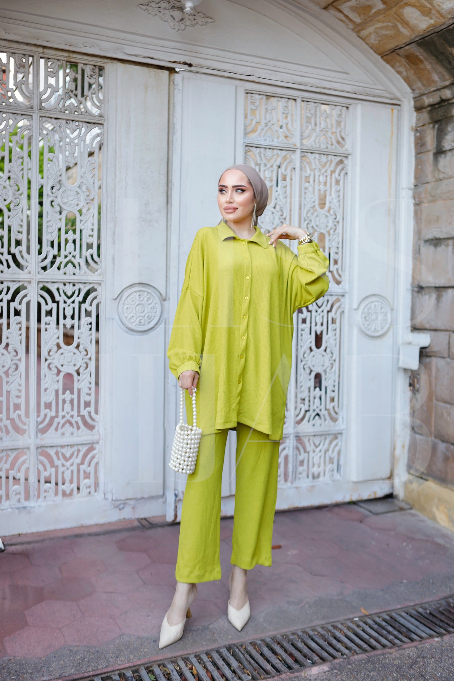 Fatin Buttoned Cotton 2 Piece Set - Pistachio