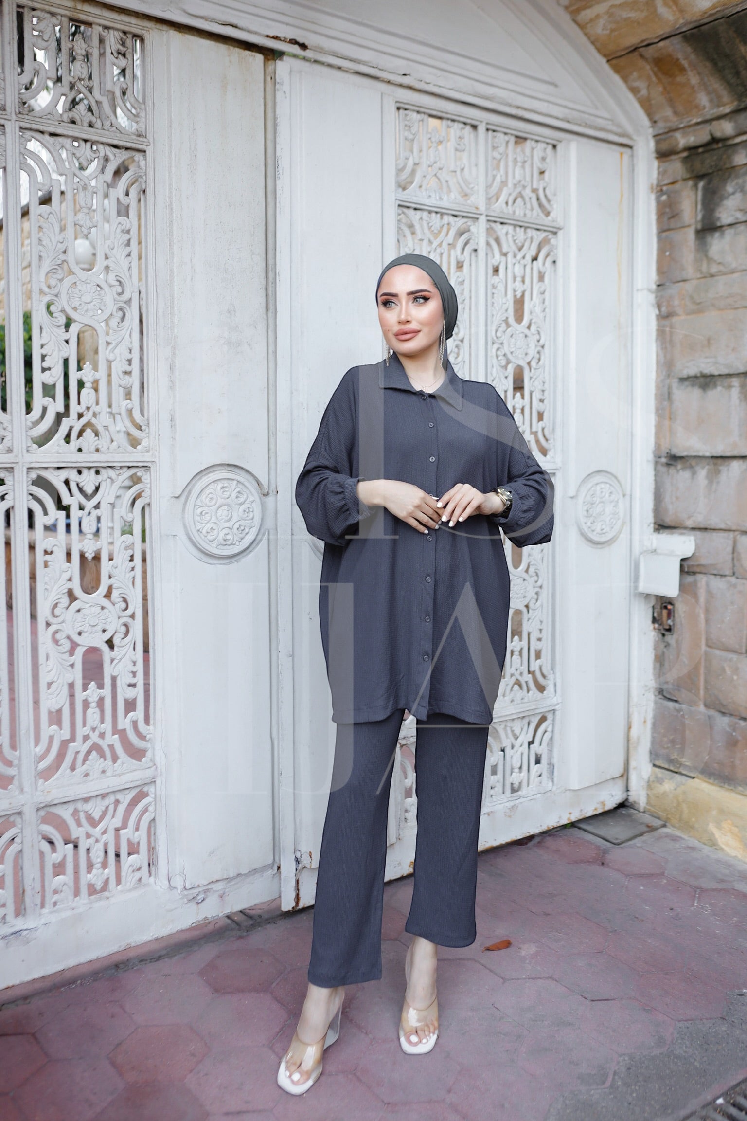 Fatin Buttoned Cotton 2 Piece Set - Charcoal