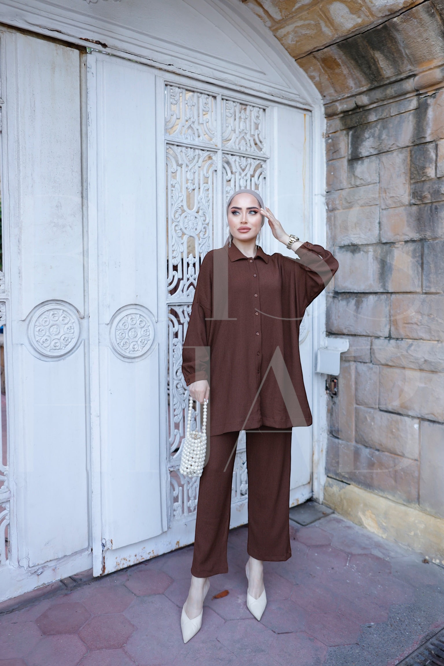 Fatin Buttoned Cotton 2 Piece Set - Brown