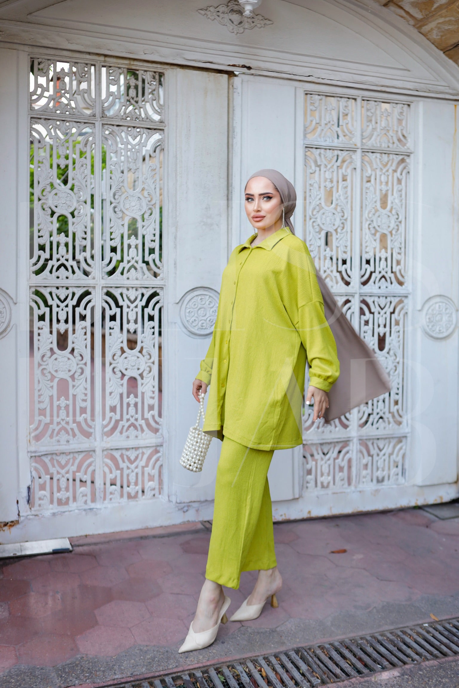 Fatin Buttoned Cotton 2 Piece Set - Pistachio