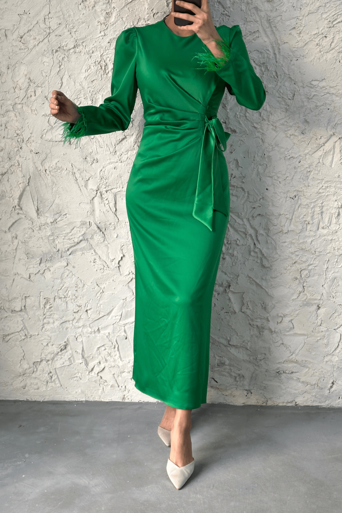 Lamis Feather Sleeve Satin Wrap Maxi Dress - Emerald