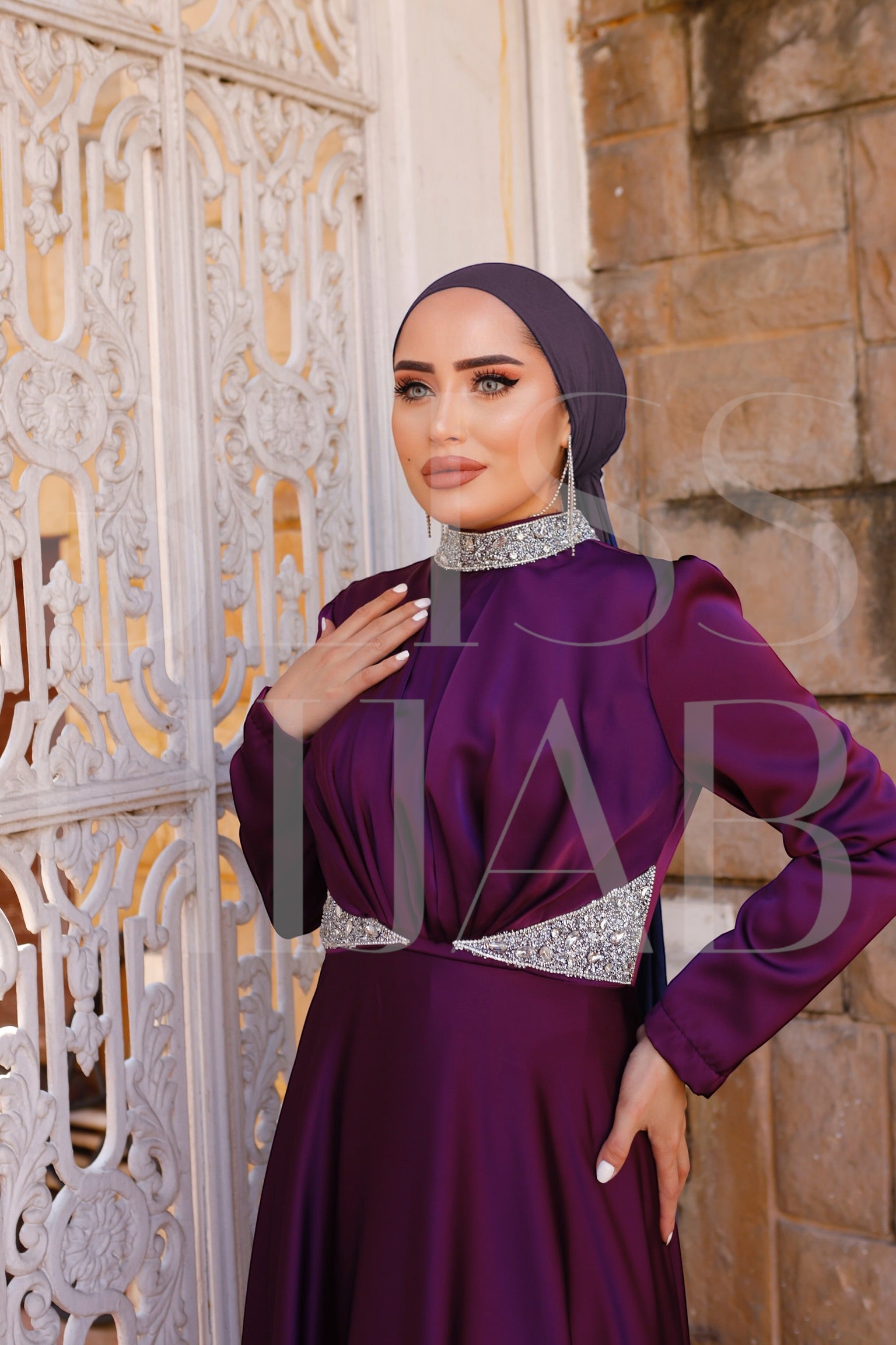 Asra Satin Crystal Satin Dress - Purple