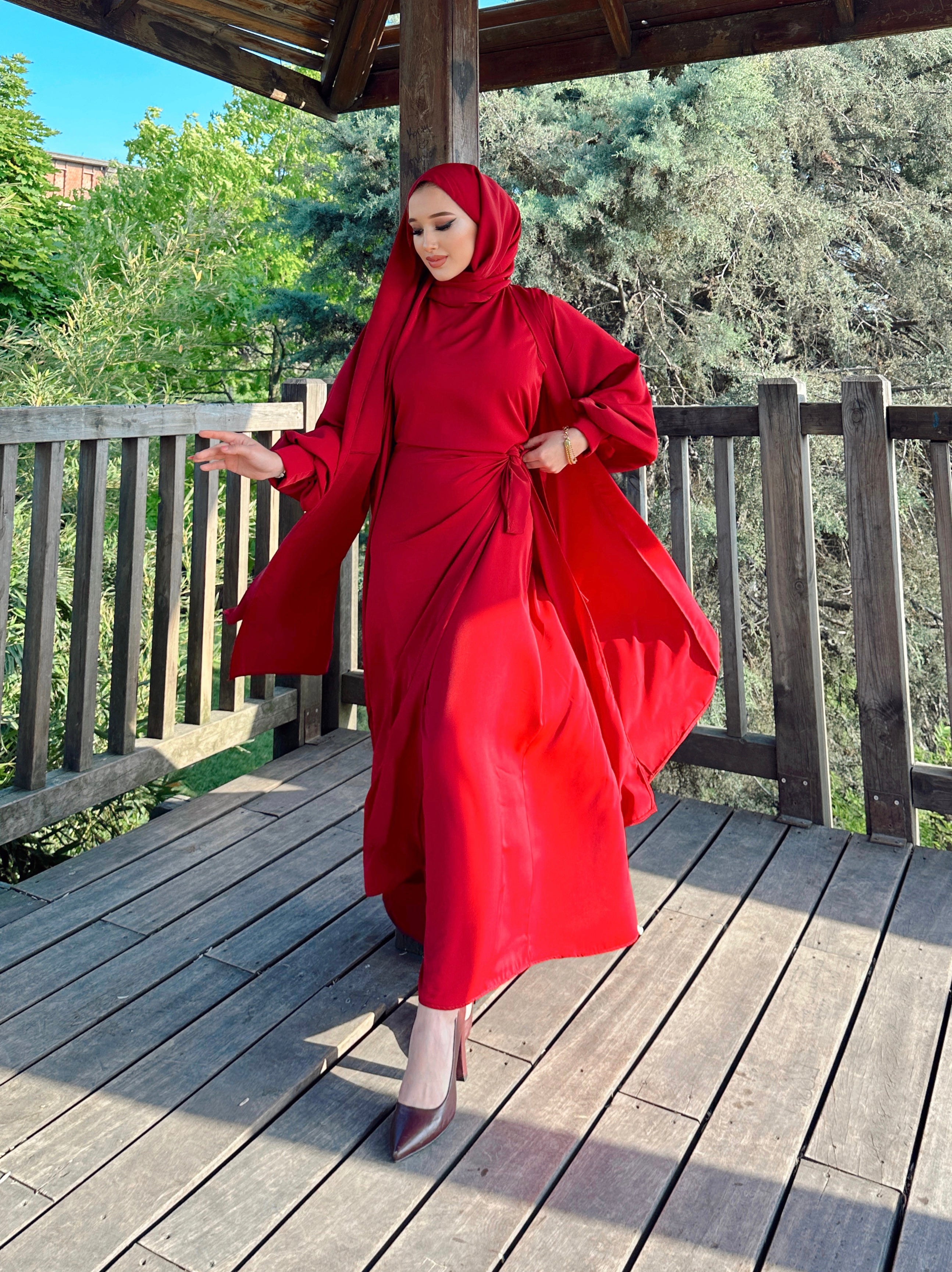 Nesreen 3 Piece Abaya Set - Maroon