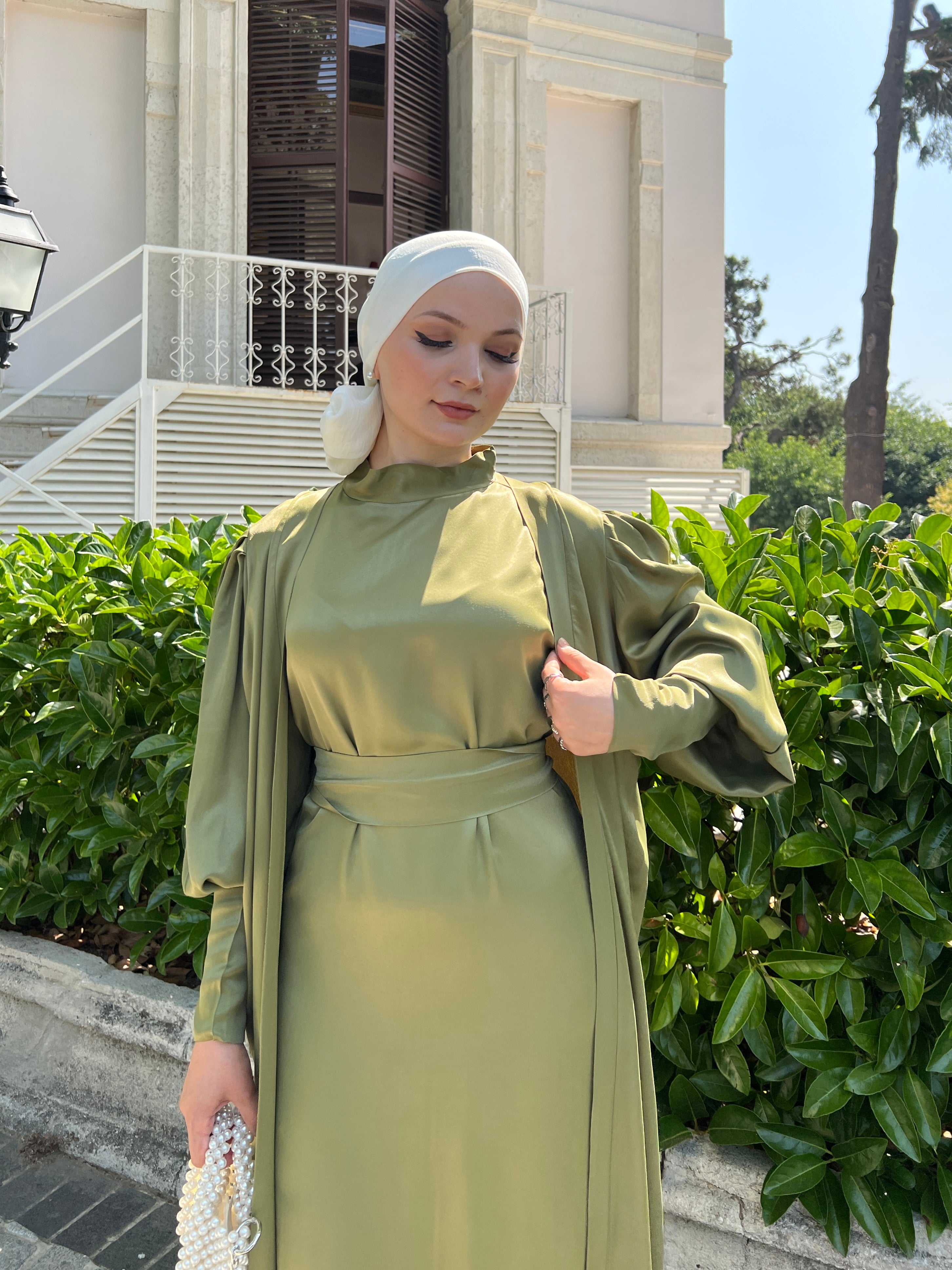 Nariman 2 Piece Satin Open Abaya Set - Olive