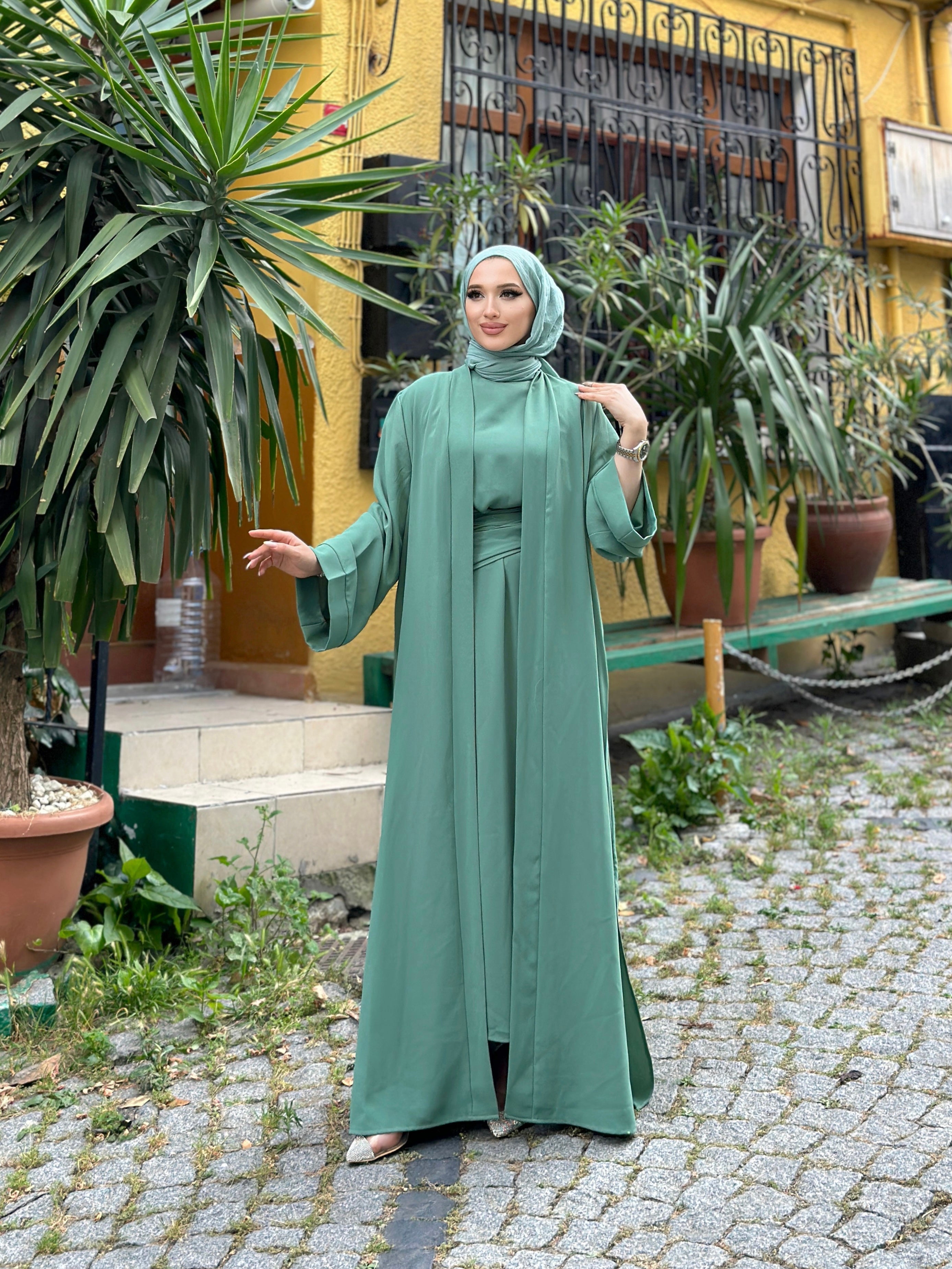 Menna Satin 2 Piece Abaya Set - Sage