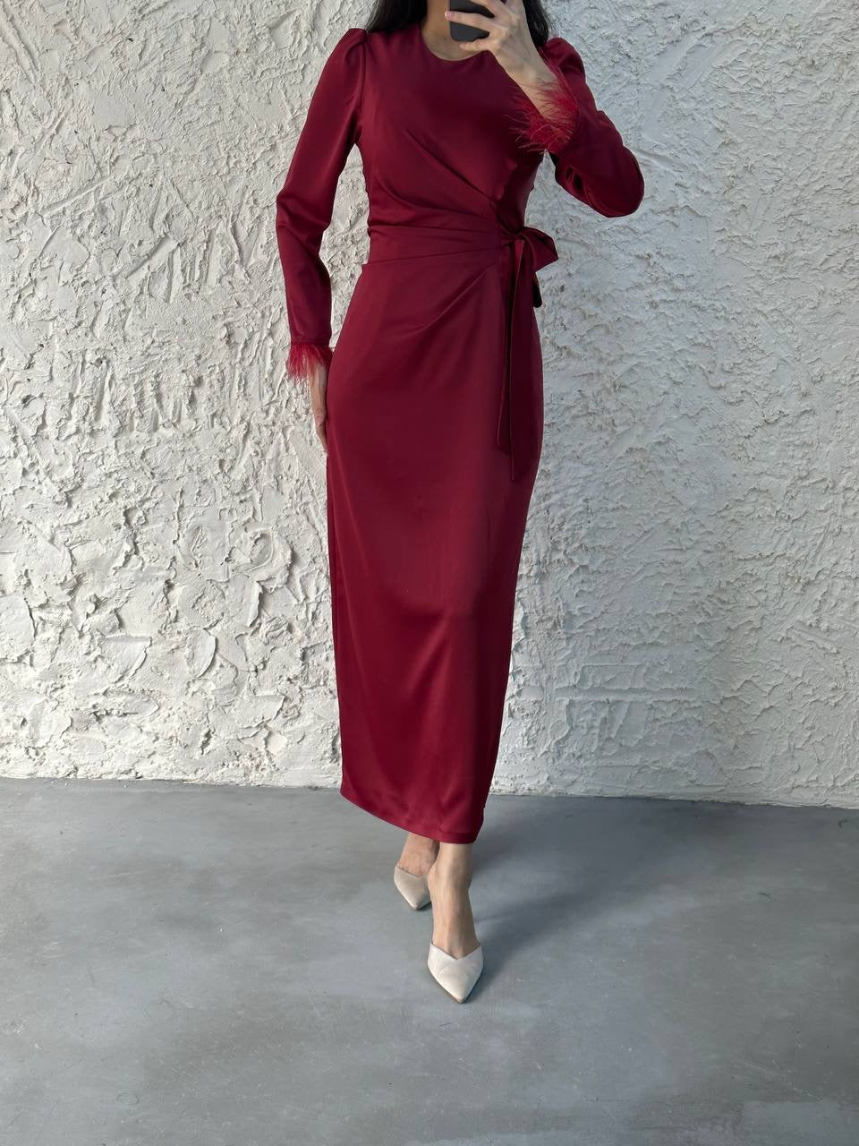 Lamis Feather Sleeve Satin Wrap Maxi Dress - Maroon