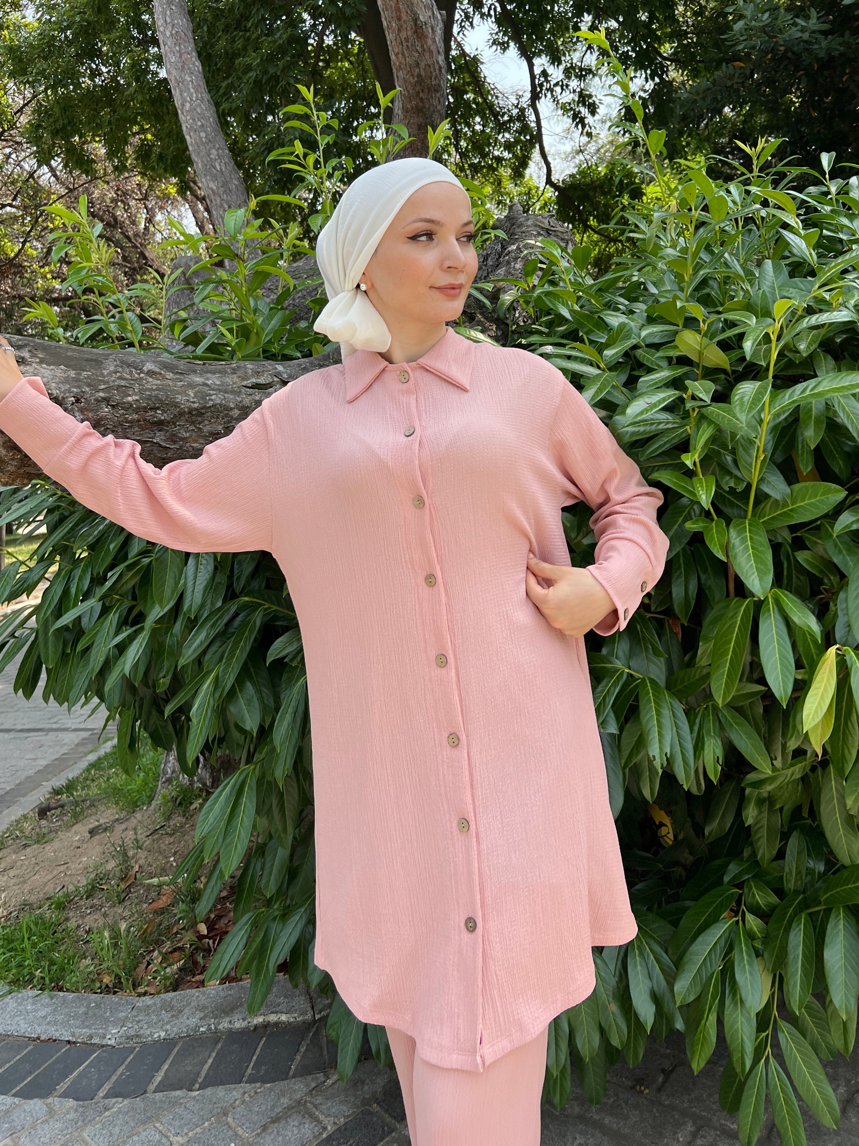 Fatima Buttoned Cotton 2 Piece Set - Rose