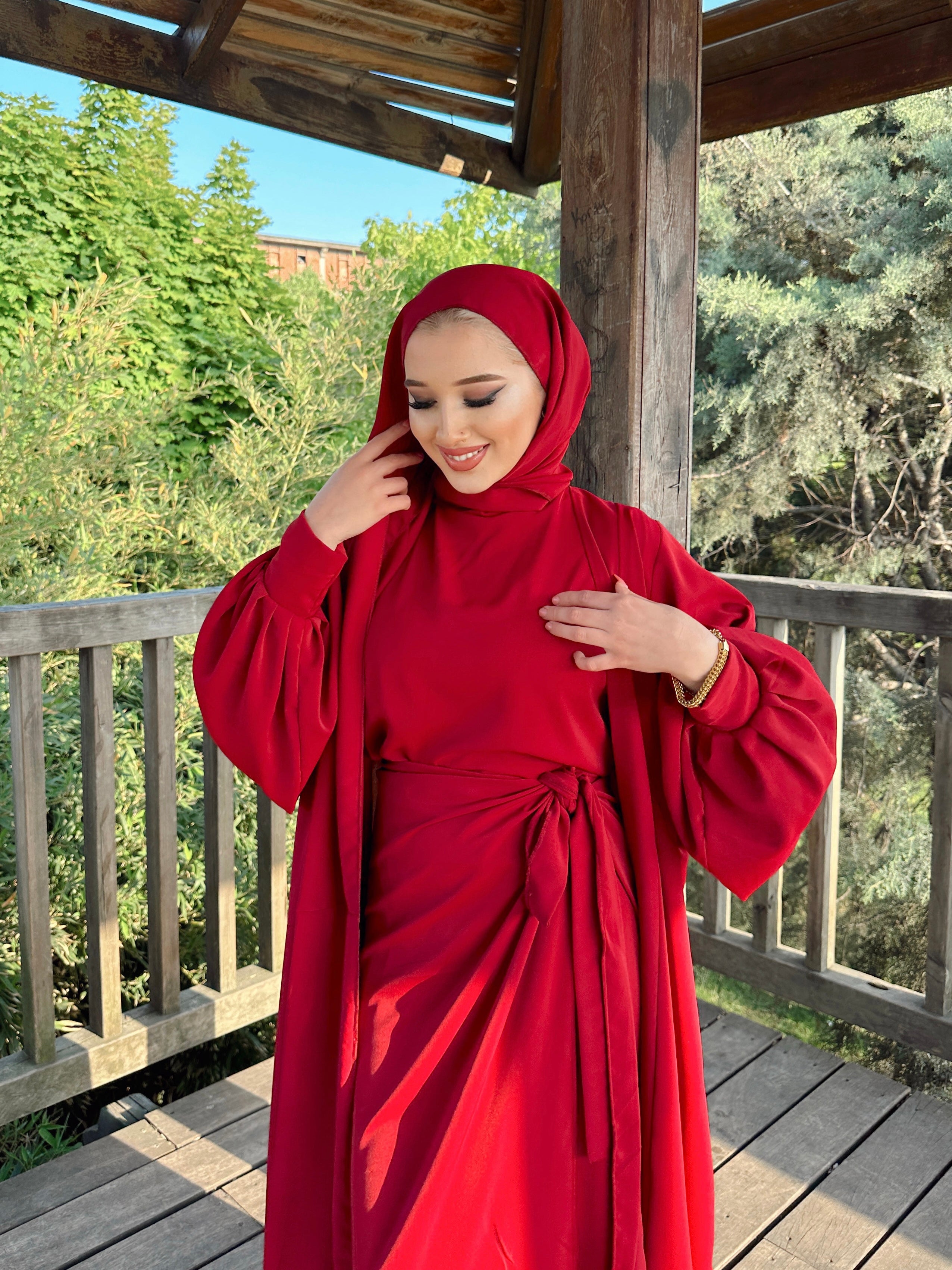 Nesreen 3 Piece Abaya Set - Maroon