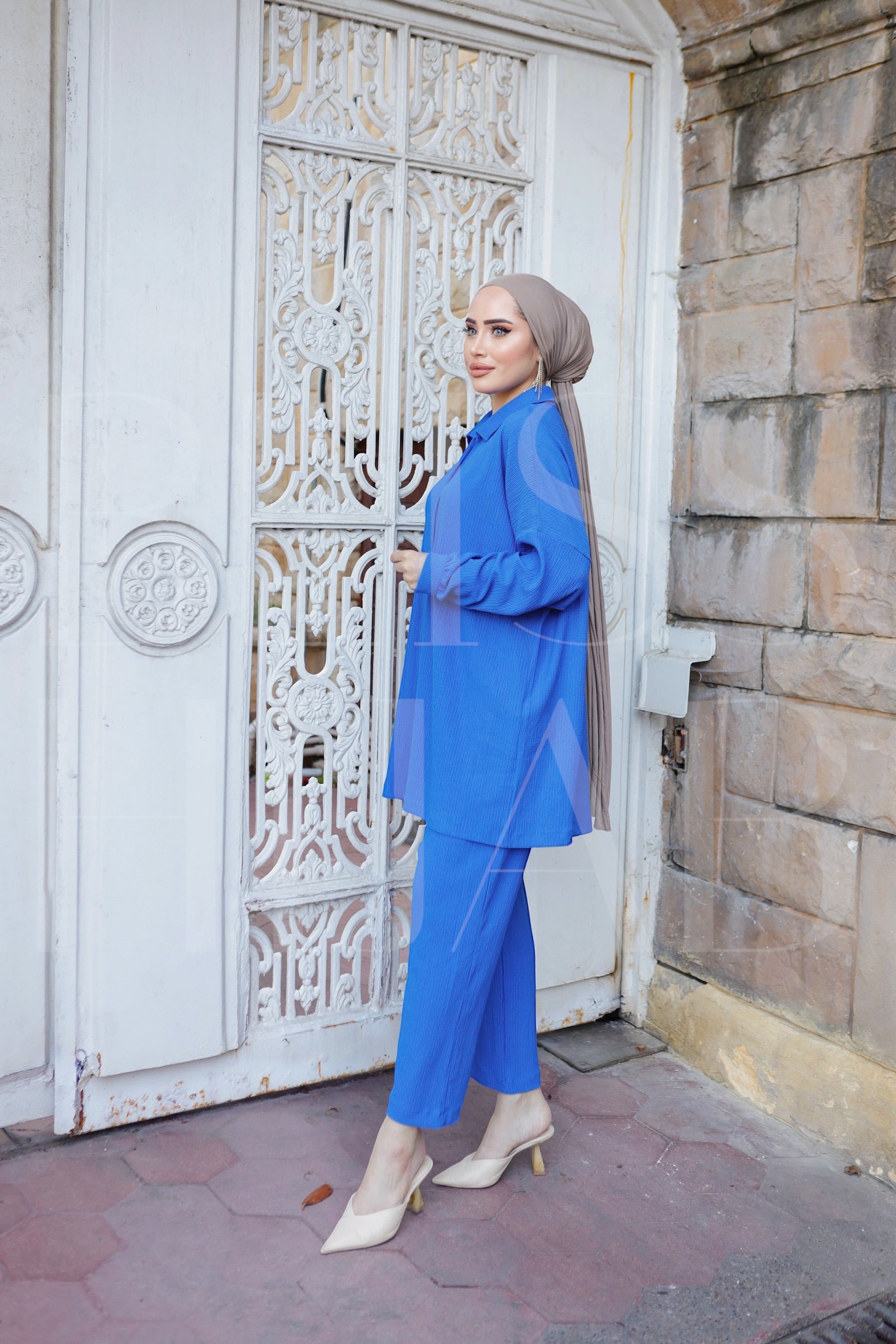 Fatin Buttoned Cotton 2 Piece Set - Blue