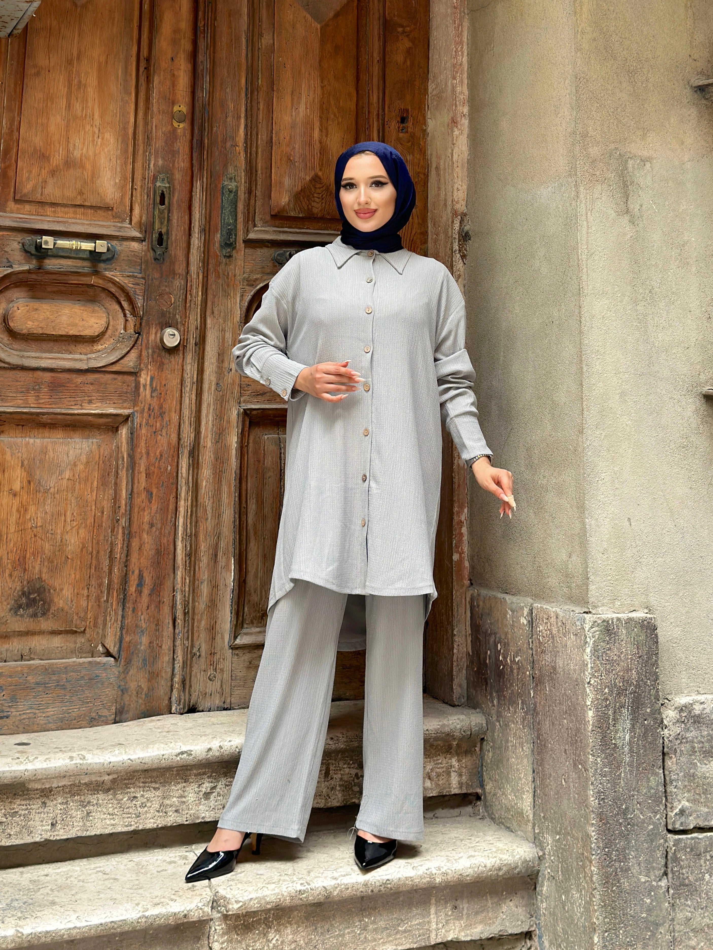 Fatima Buttoned Cotton 2 Piece Set - Grey