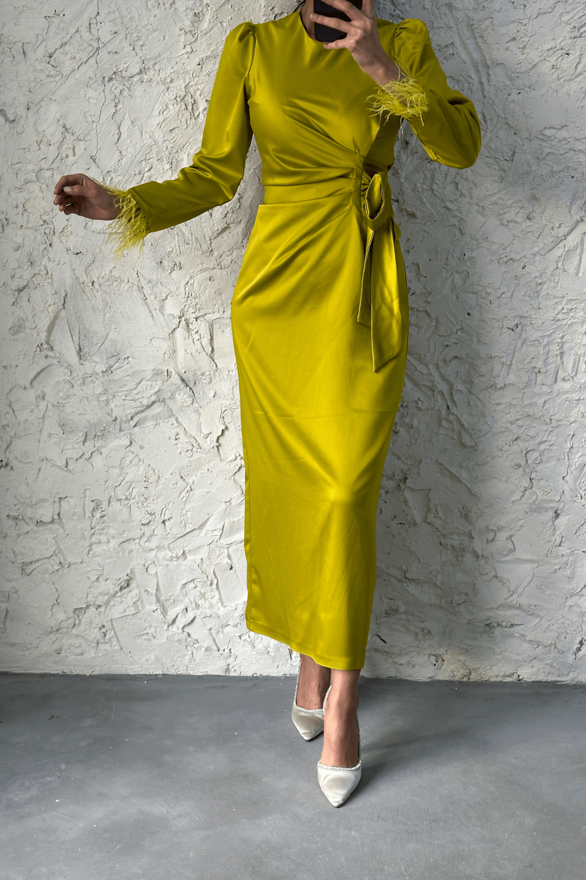 Lamis Feather Sleeve Satin Wrap Maxi Dress - Pistachio