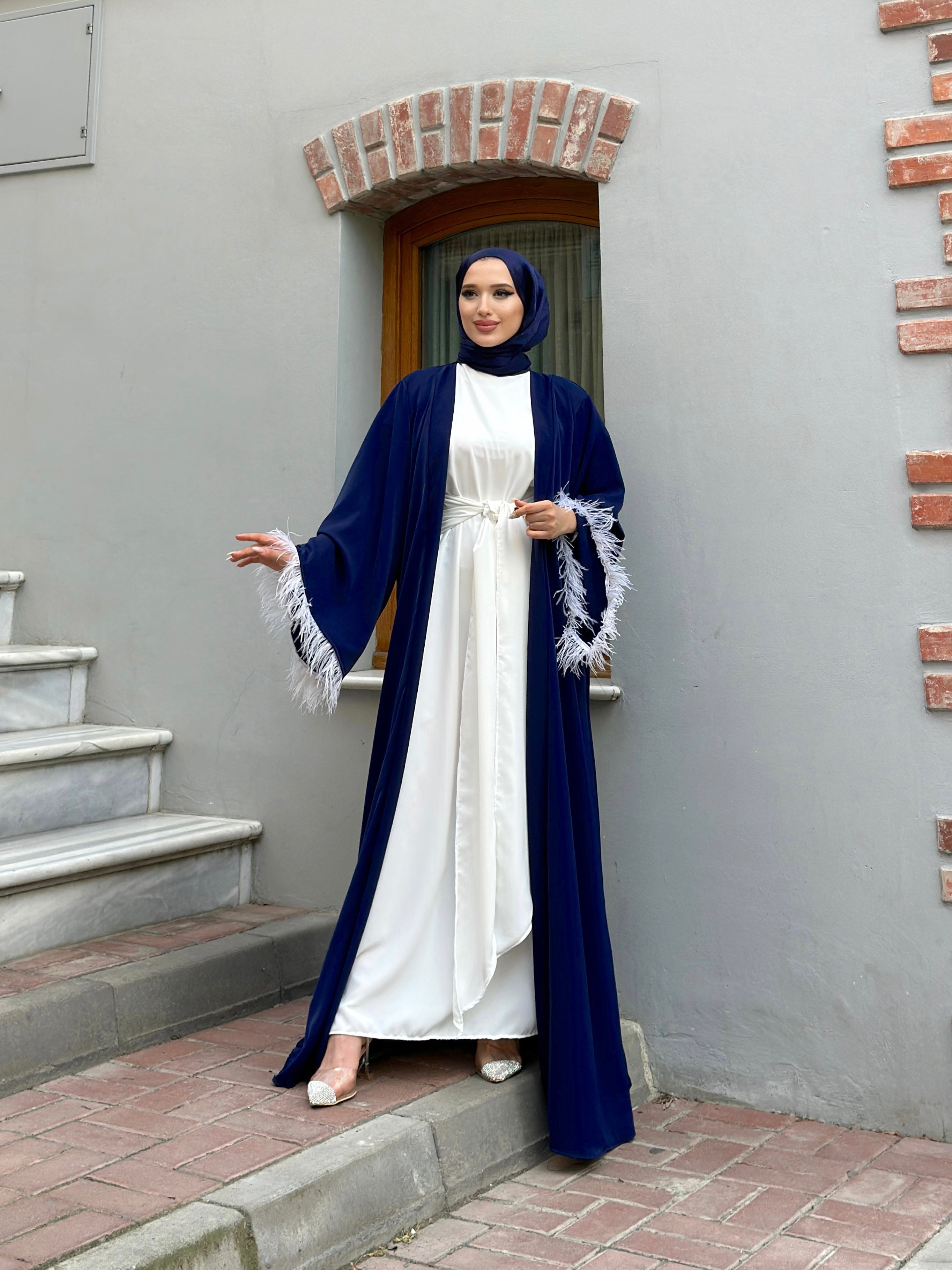 Inam 2 Piece Feather Open Abaya Set - Navy