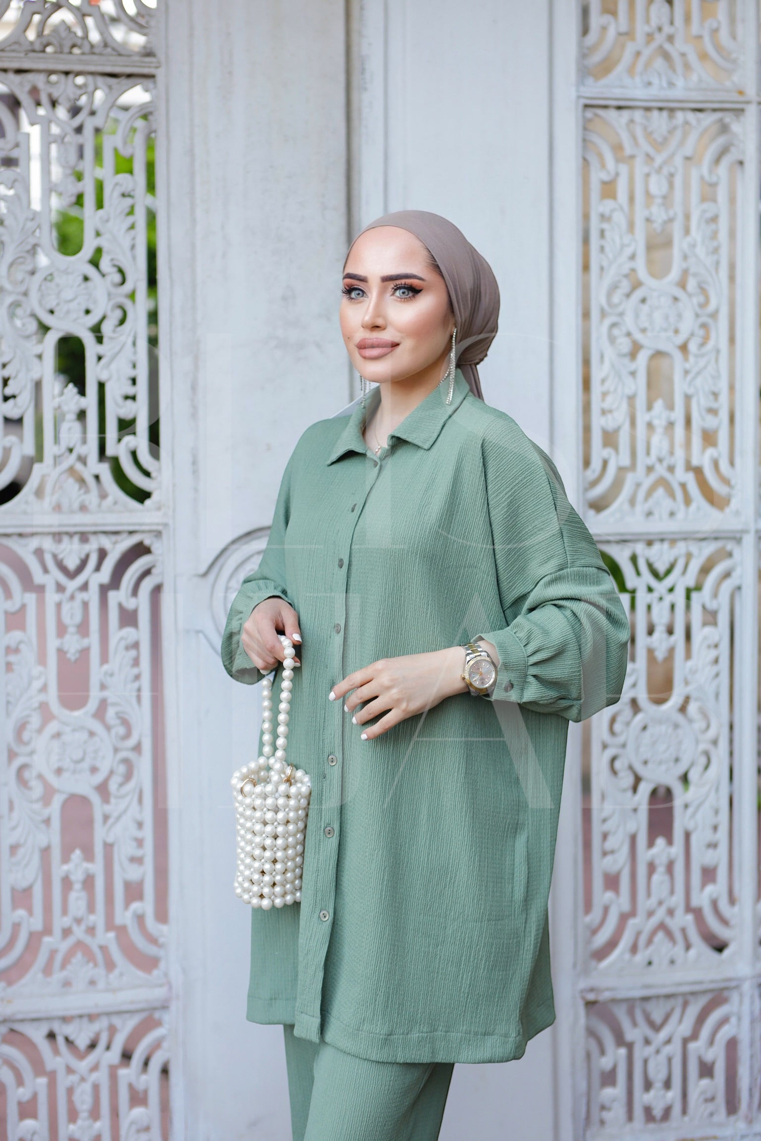 Fatin Buttoned Cotton 2 Piece Set - Sage