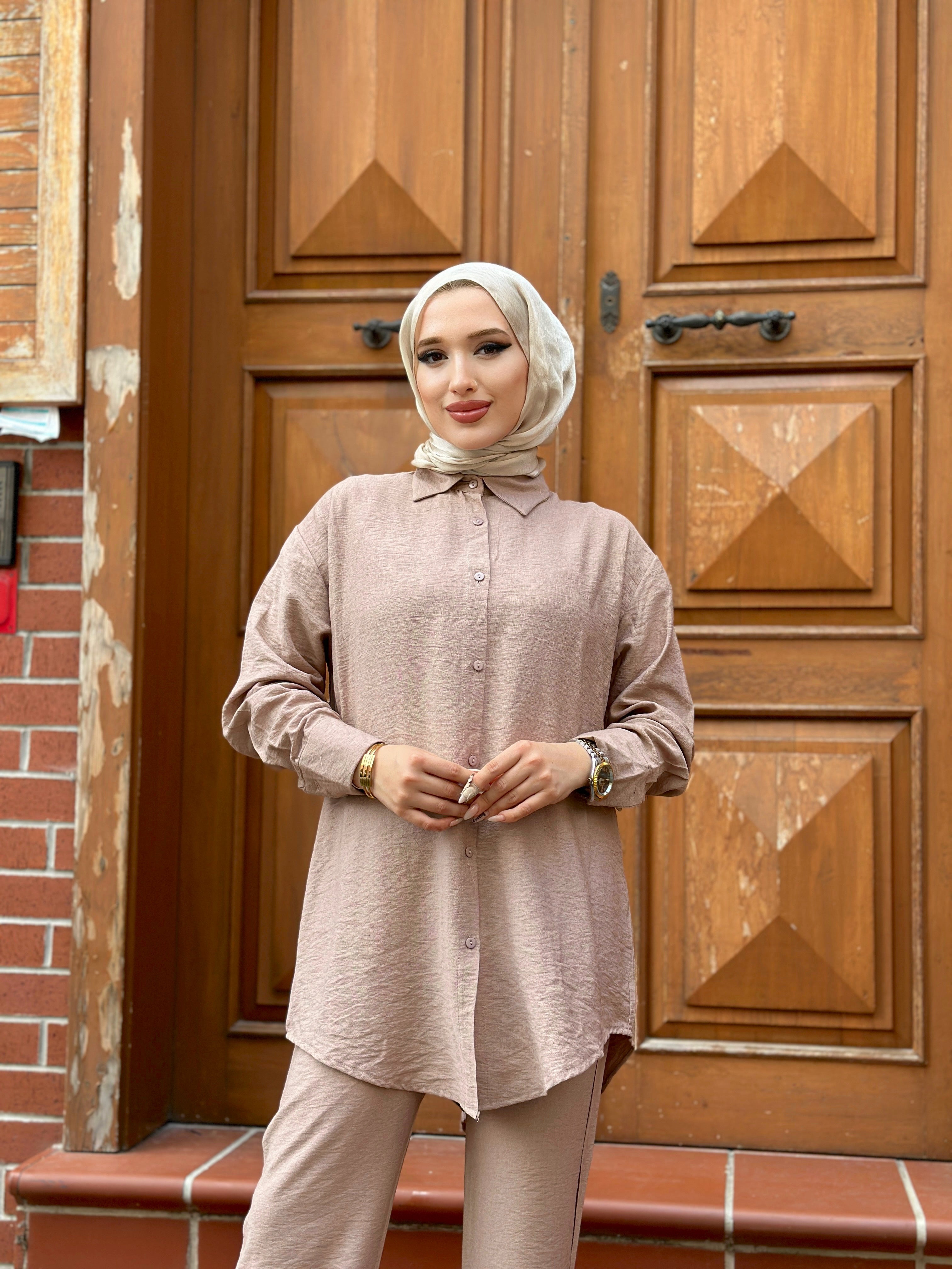 Qamar Buttoned Cotton 2 Piece Set - Nude