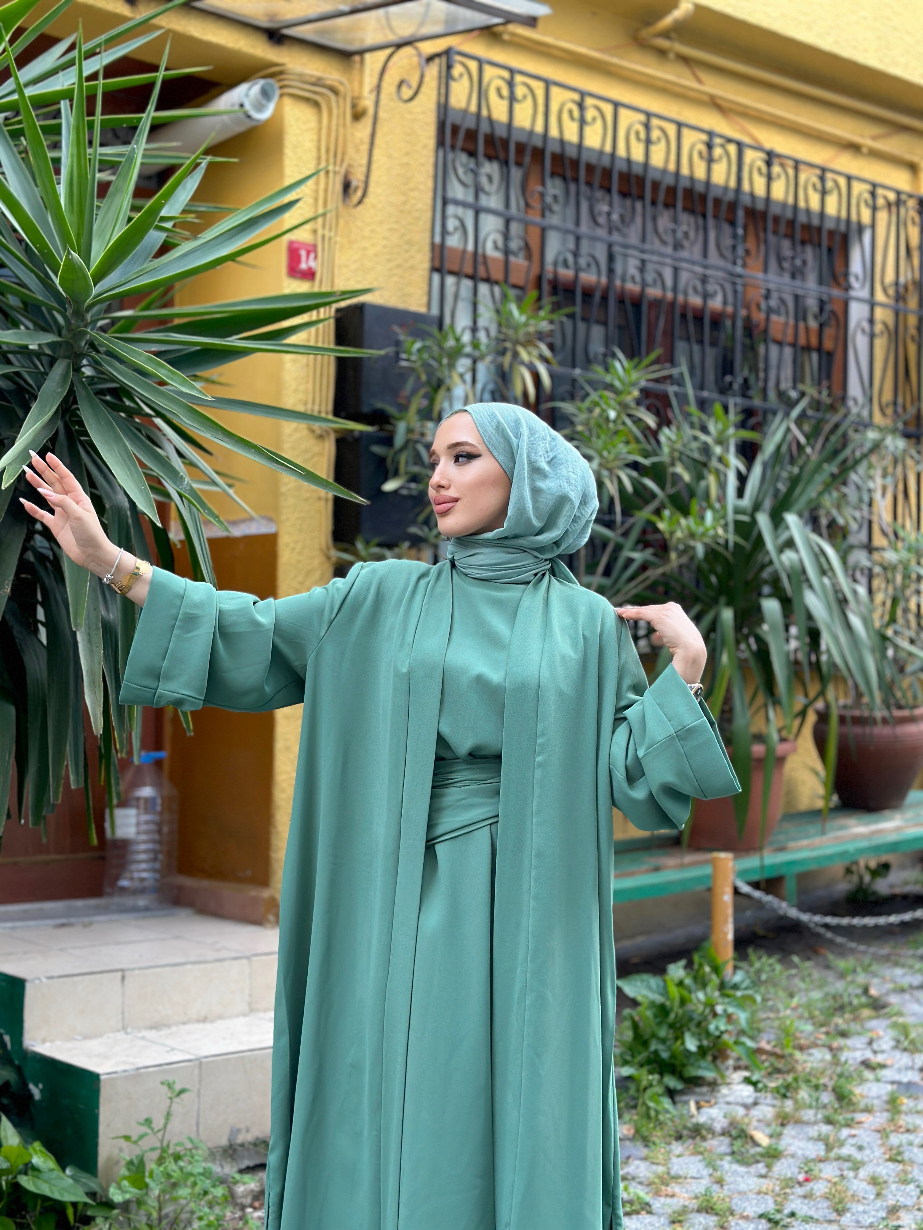 Menna Satin 2 Piece Abaya Set - Sage