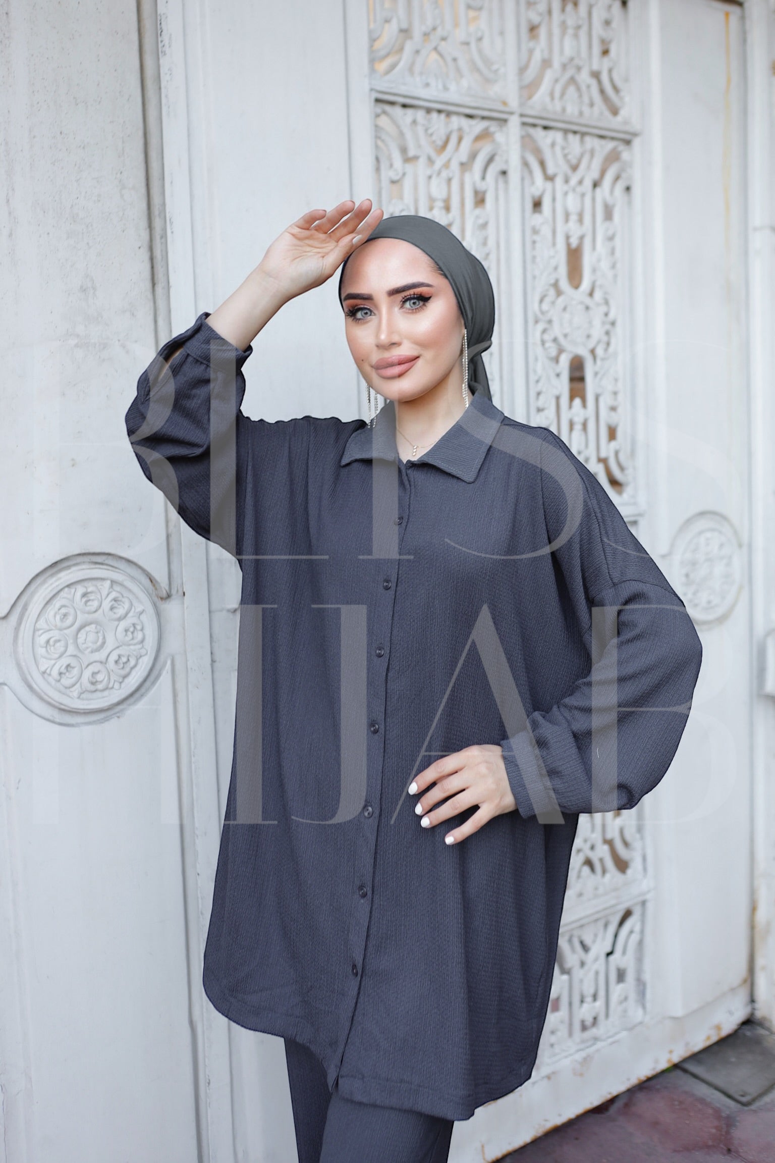 Fatin Buttoned Cotton 2 Piece Set - Charcoal