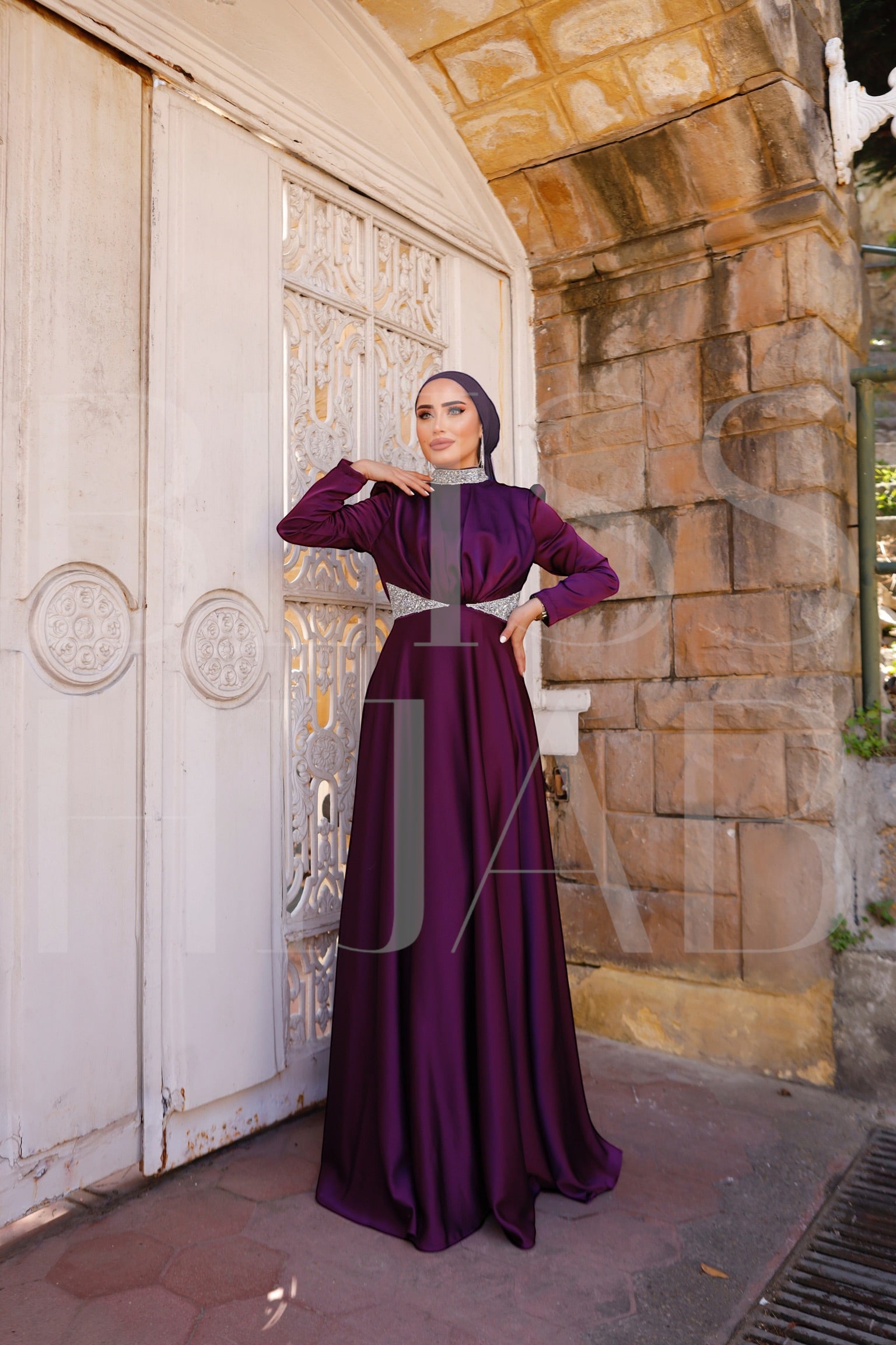 Asra Satin Crystal Satin Dress - Purple