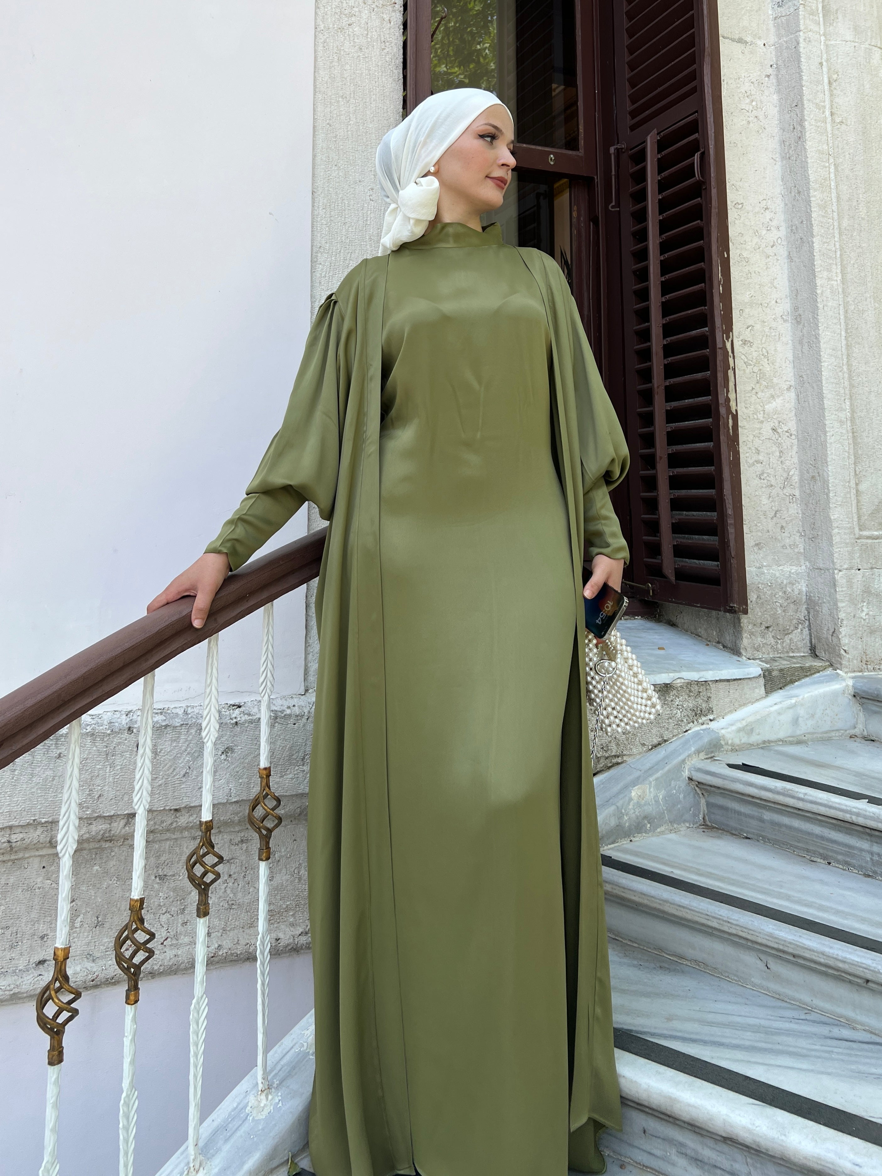 Nariman 2 Piece Satin Open Abaya Set - Olive