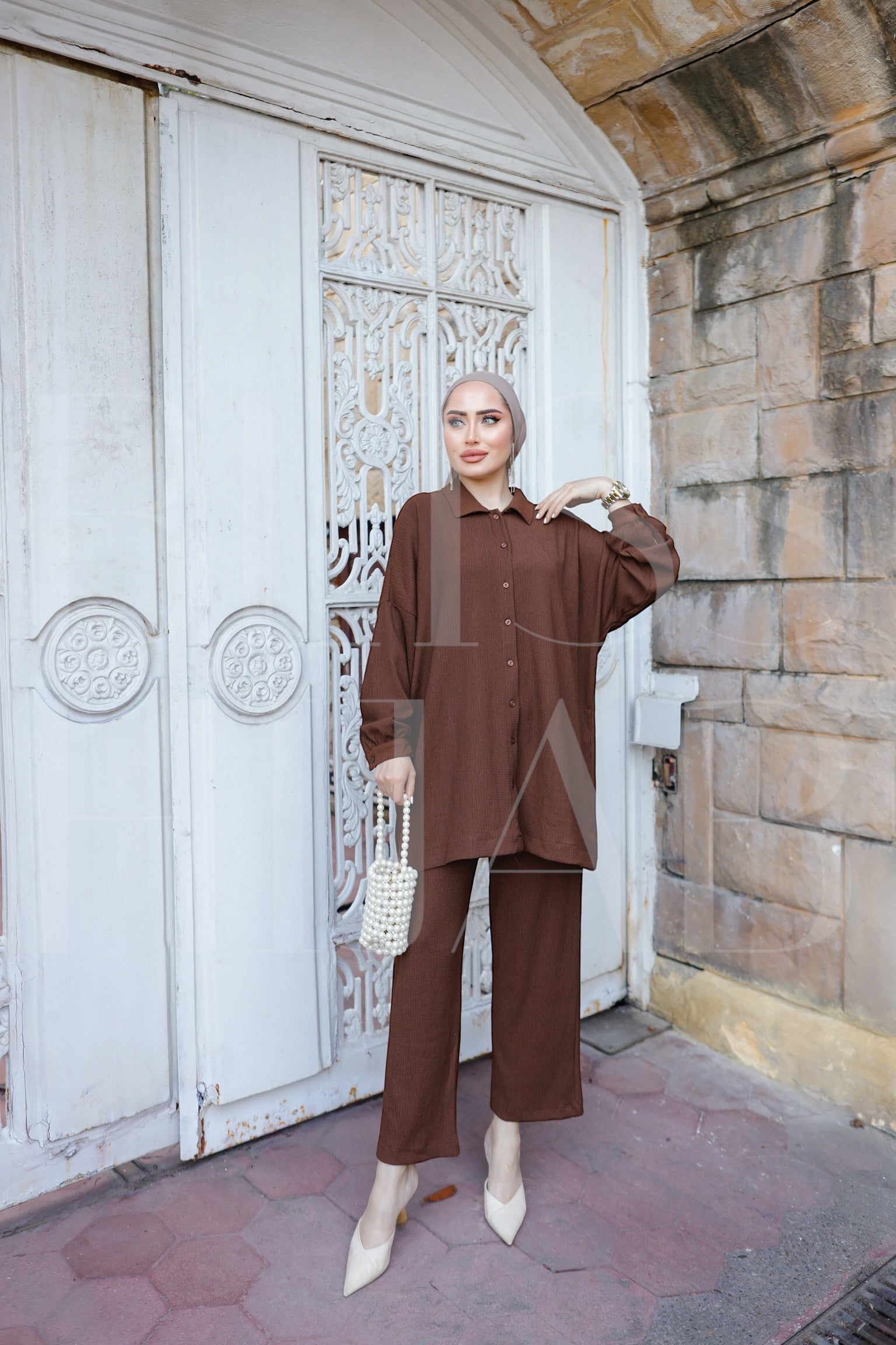 Fatin Buttoned Cotton 2 Piece Set - Brown