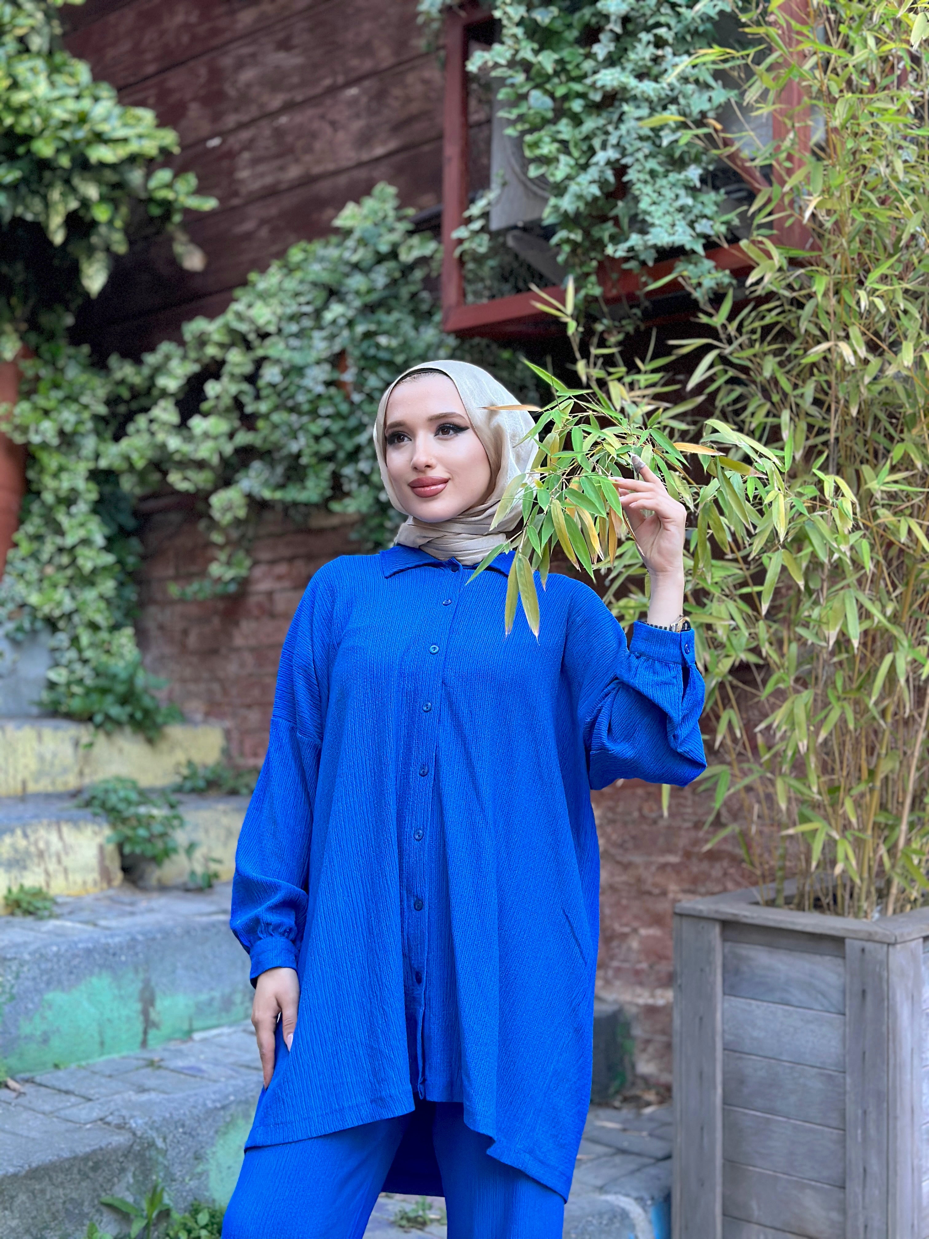 Fatin Buttoned Cotton 2 Piece Set - Blue