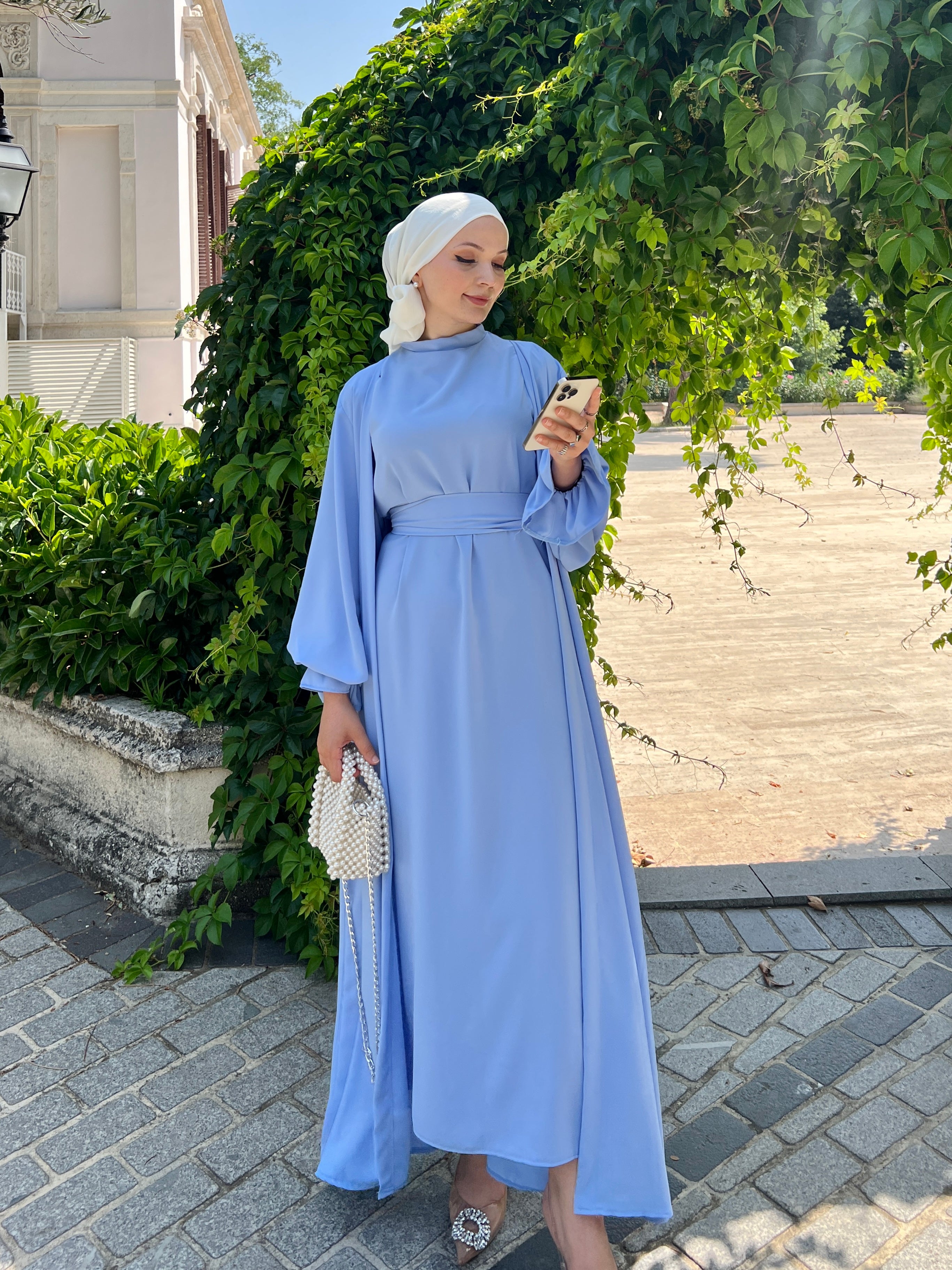 Amira 2 Piece Open Abaya Set - Lt Blue