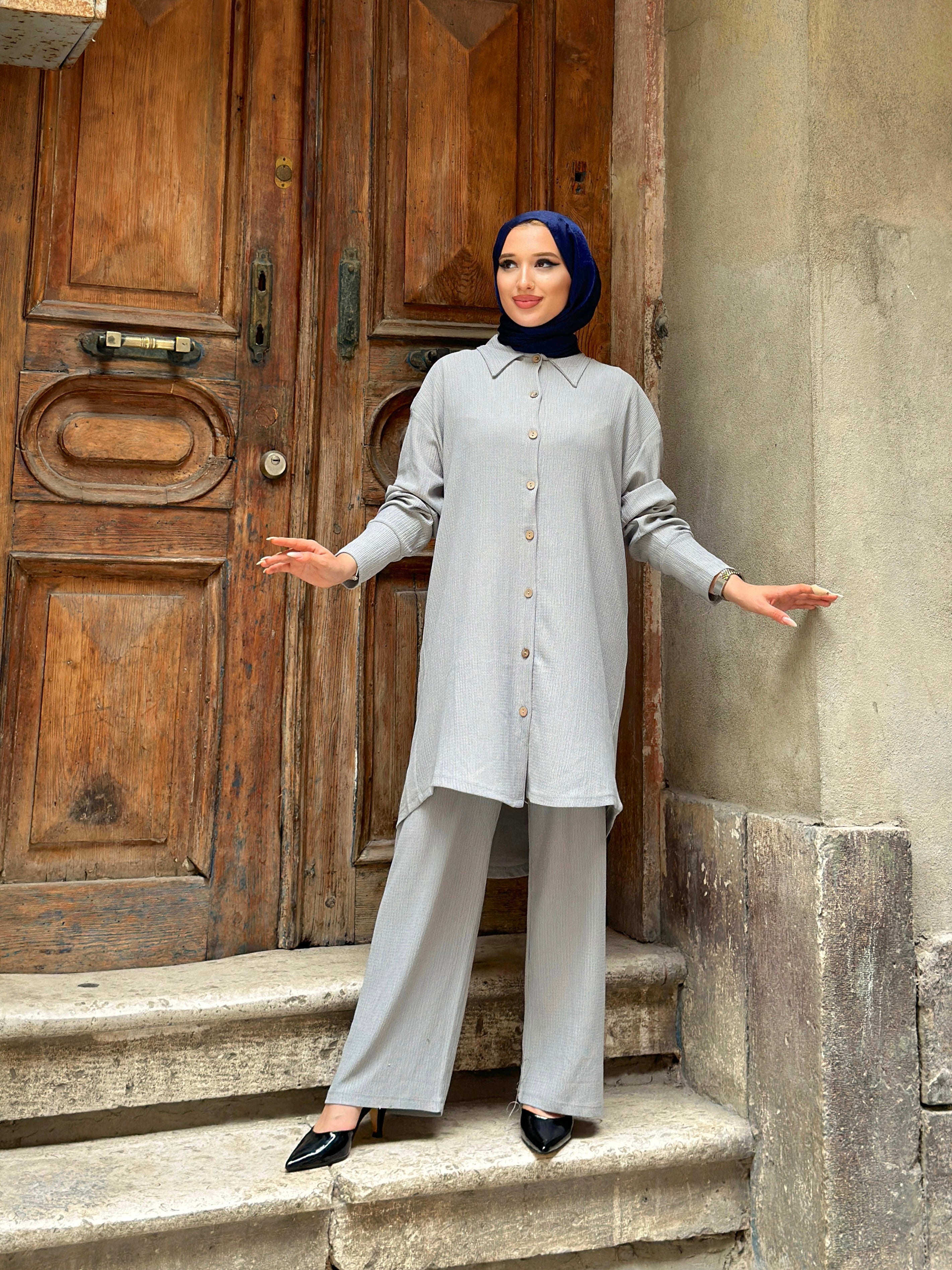 Fatima Buttoned Cotton 2 Piece Set - Grey