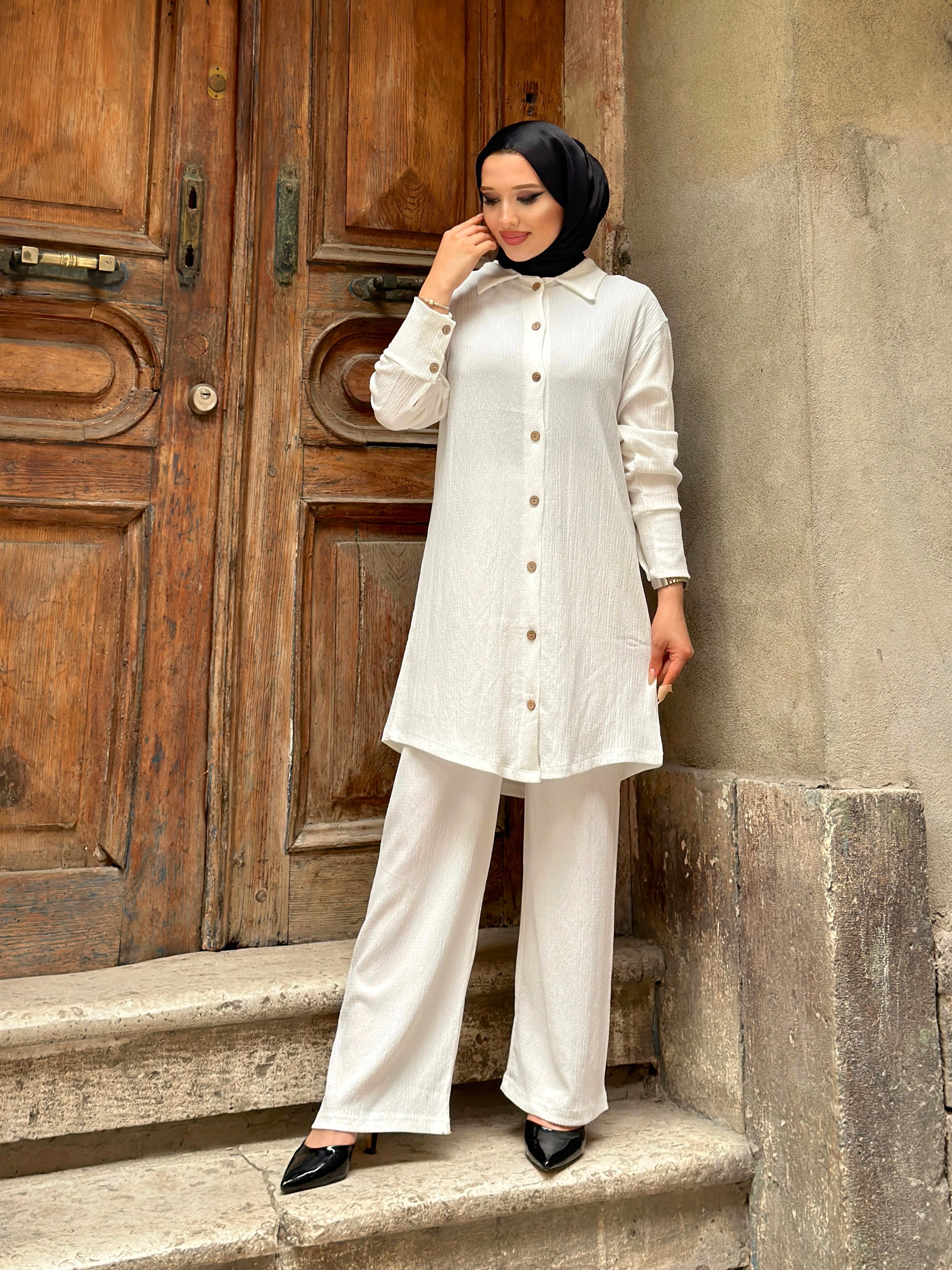 Fatima Buttoned Cotton 2 Piece Set - Off White