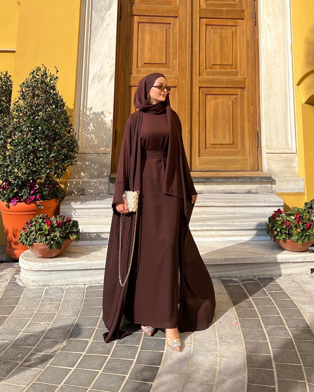 Hasna 2 Piece Open Abaya Set + Hijab - Brown