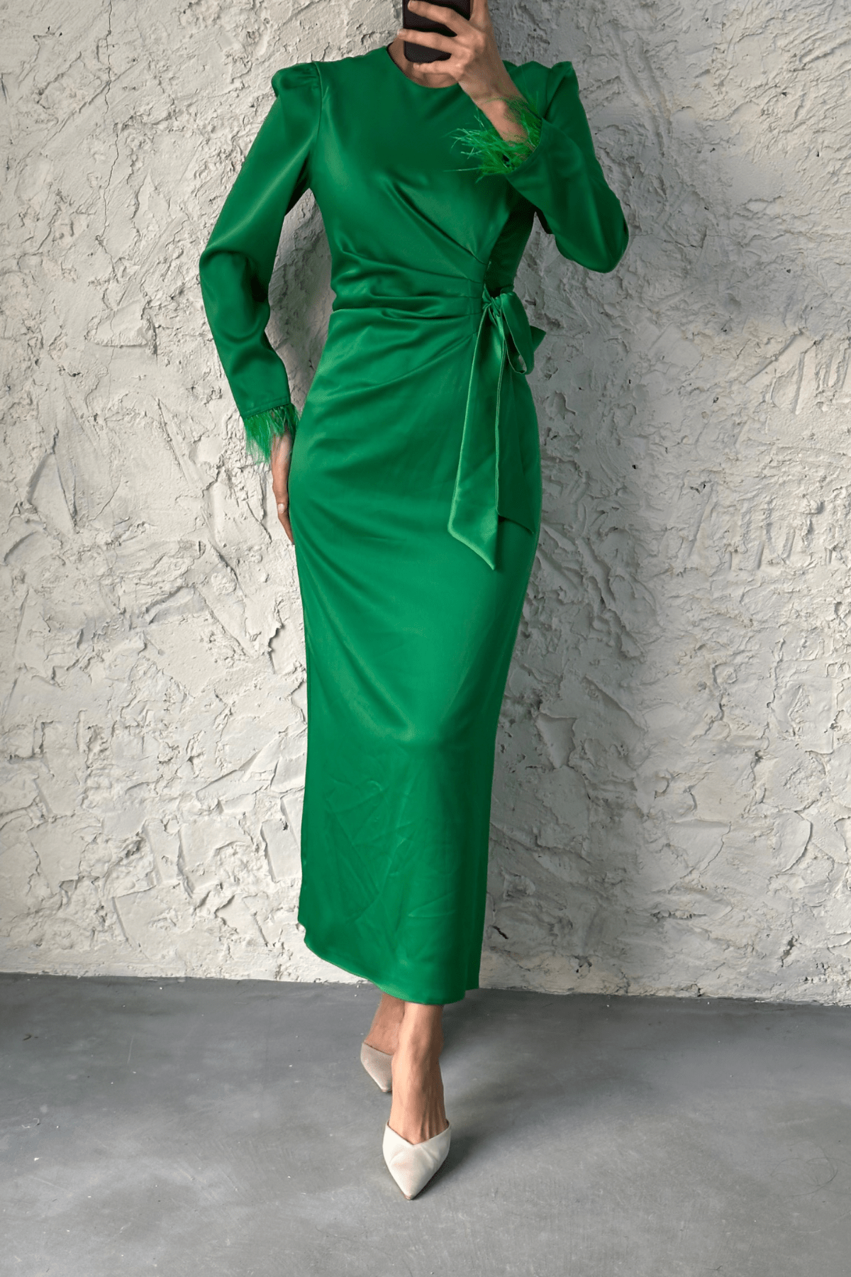 Lamis Feather Sleeve Satin Wrap Maxi Dress - Emerald