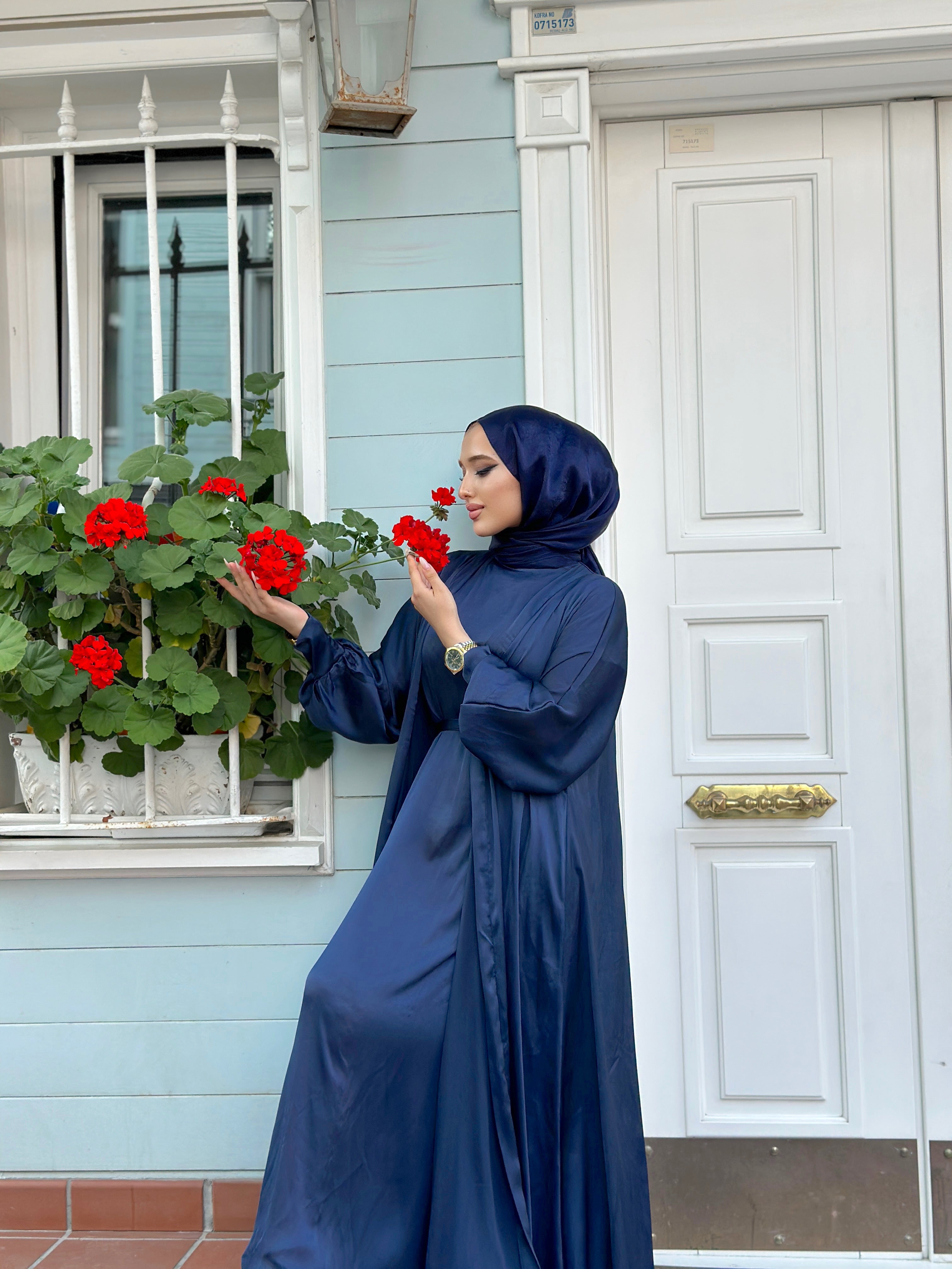 Menna Satin 2 Piece Abaya Set - Navy