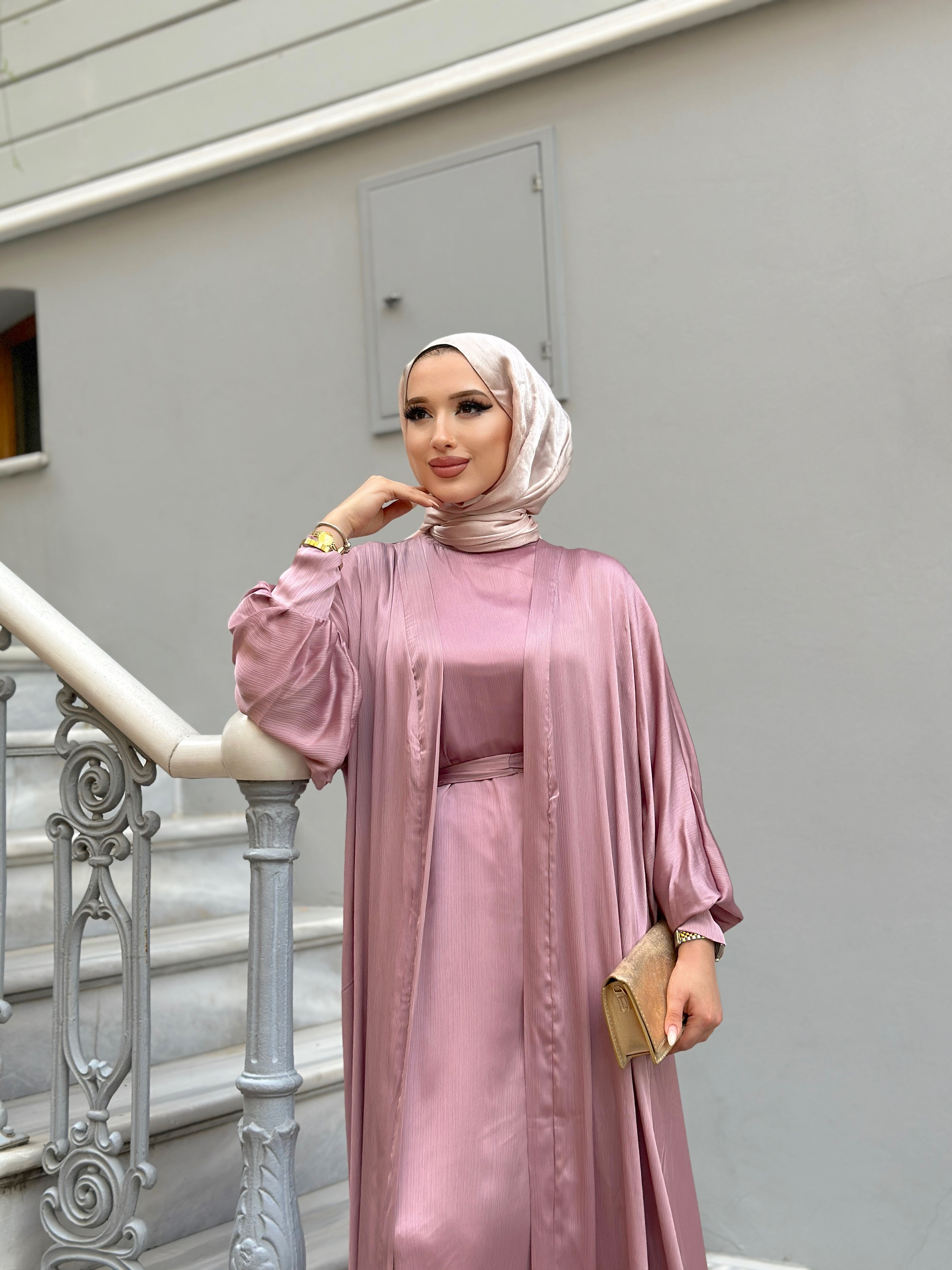 Menna Satin 2 Piece Abaya Set - Pink