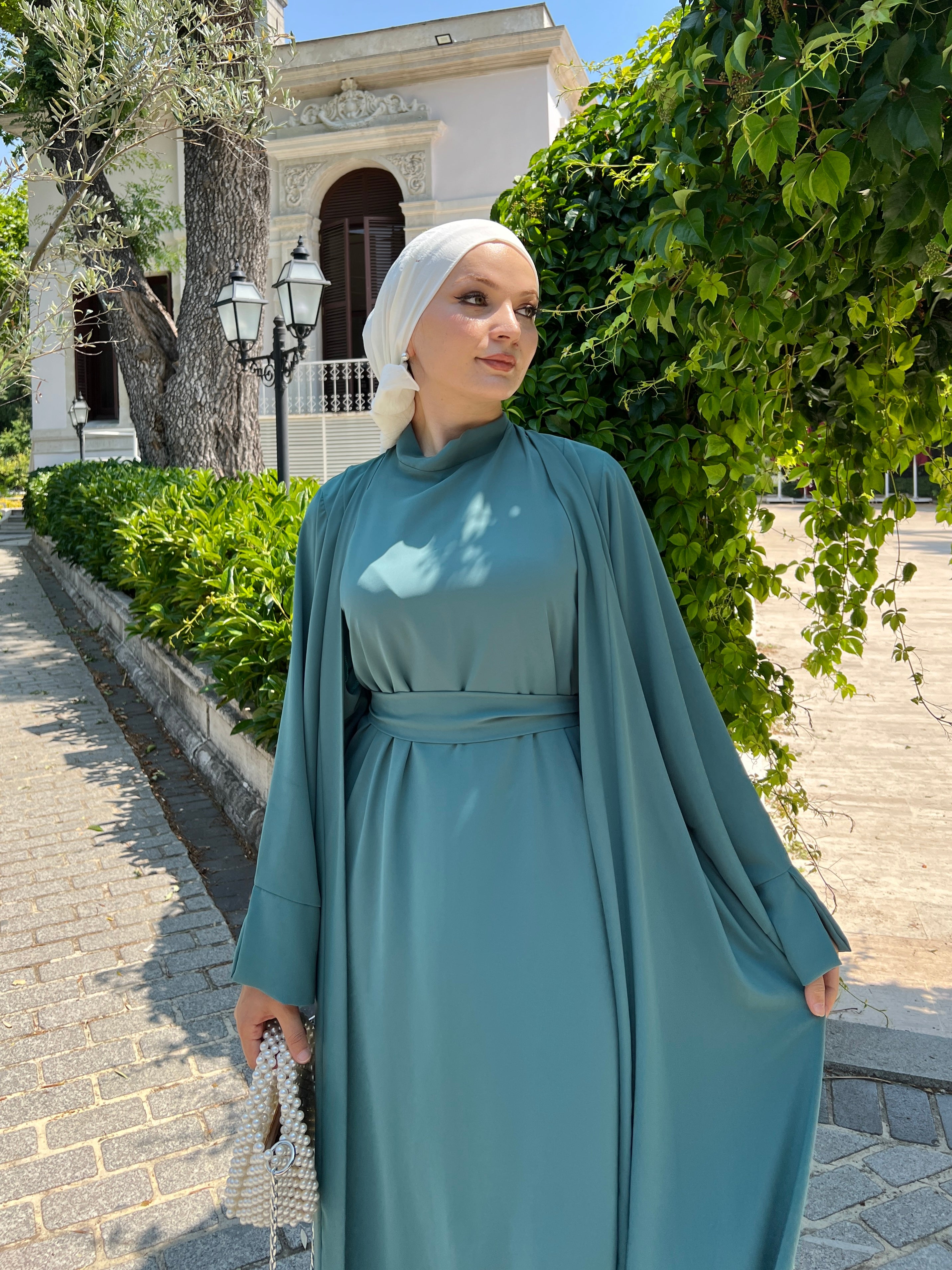 Hasna 2 Piece Open Abaya Set - Dark Teal