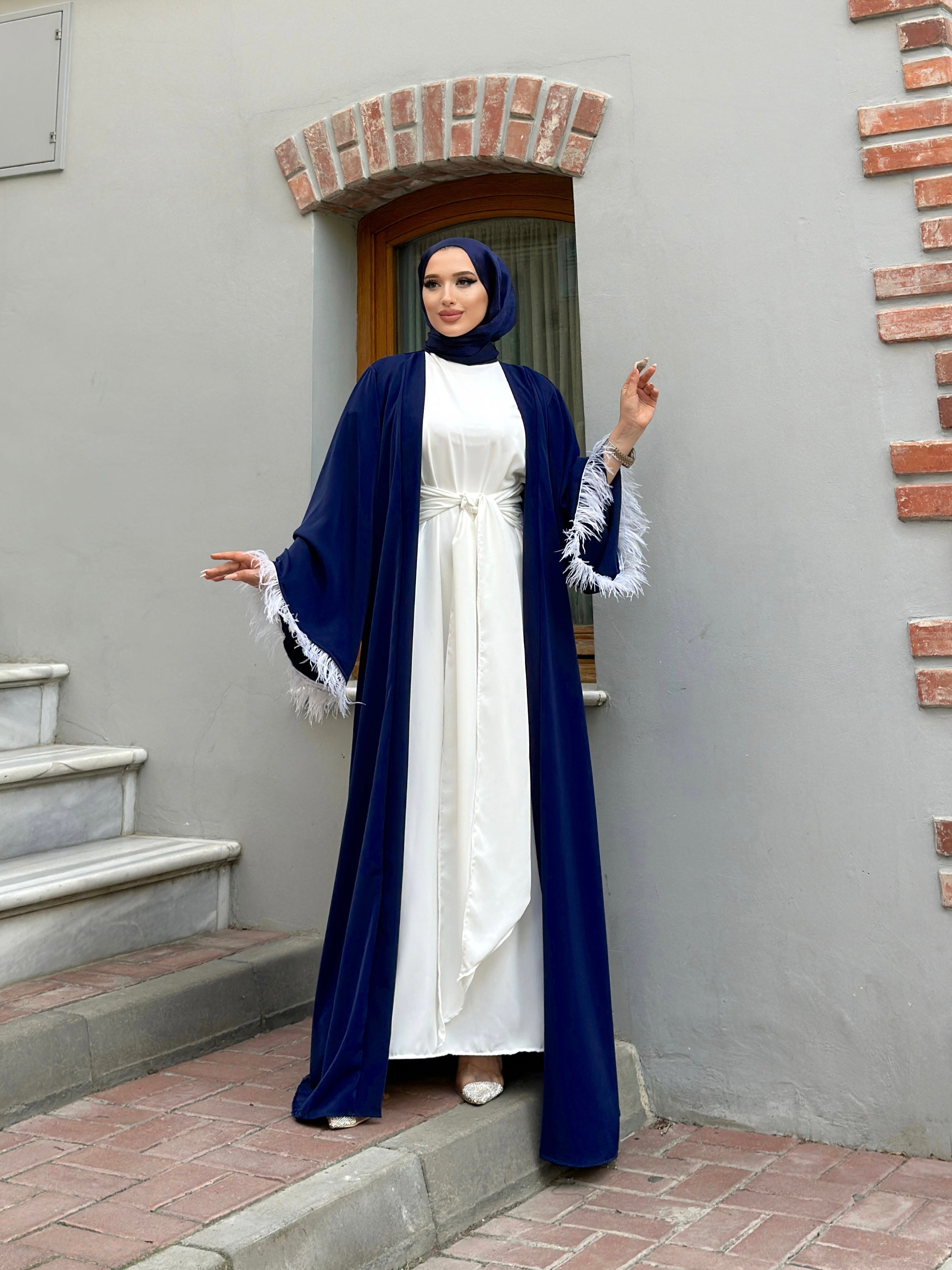 Inam 2 Piece Feather Open Abaya Set - Navy