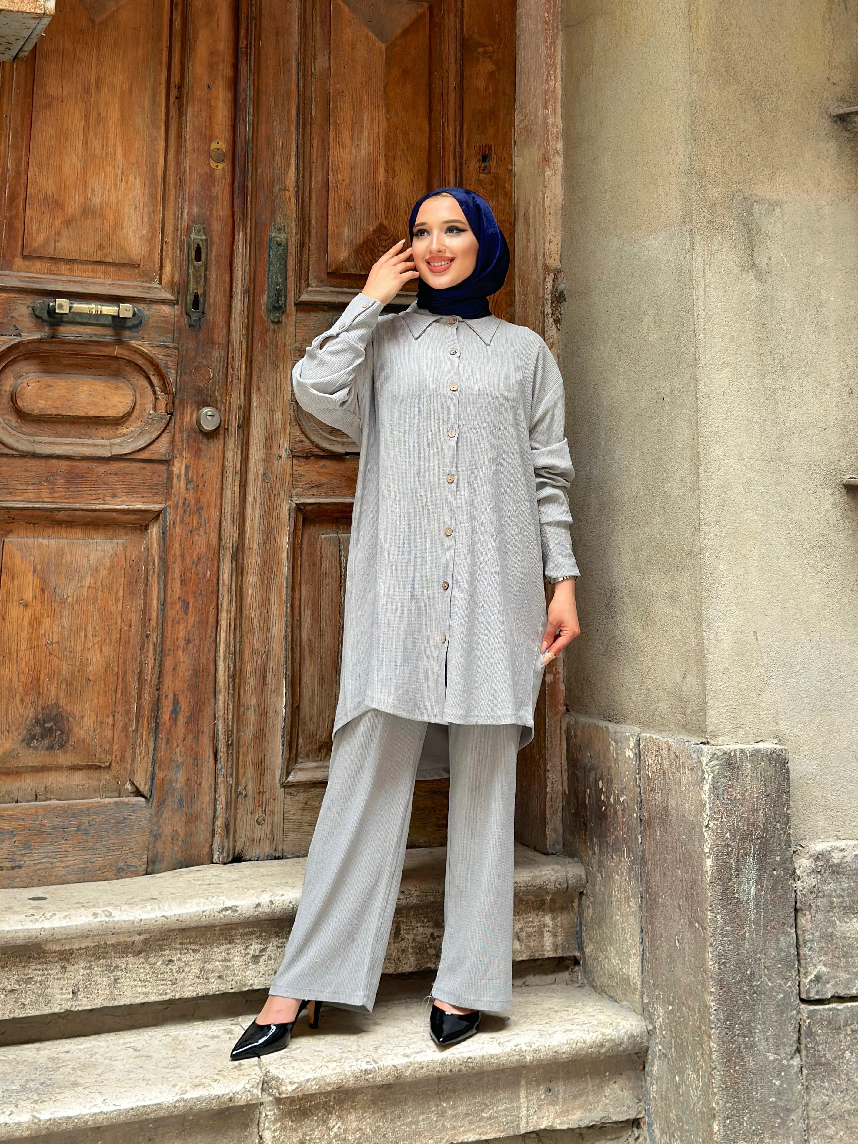 Fatima Buttoned Cotton 2 Piece Set - Grey