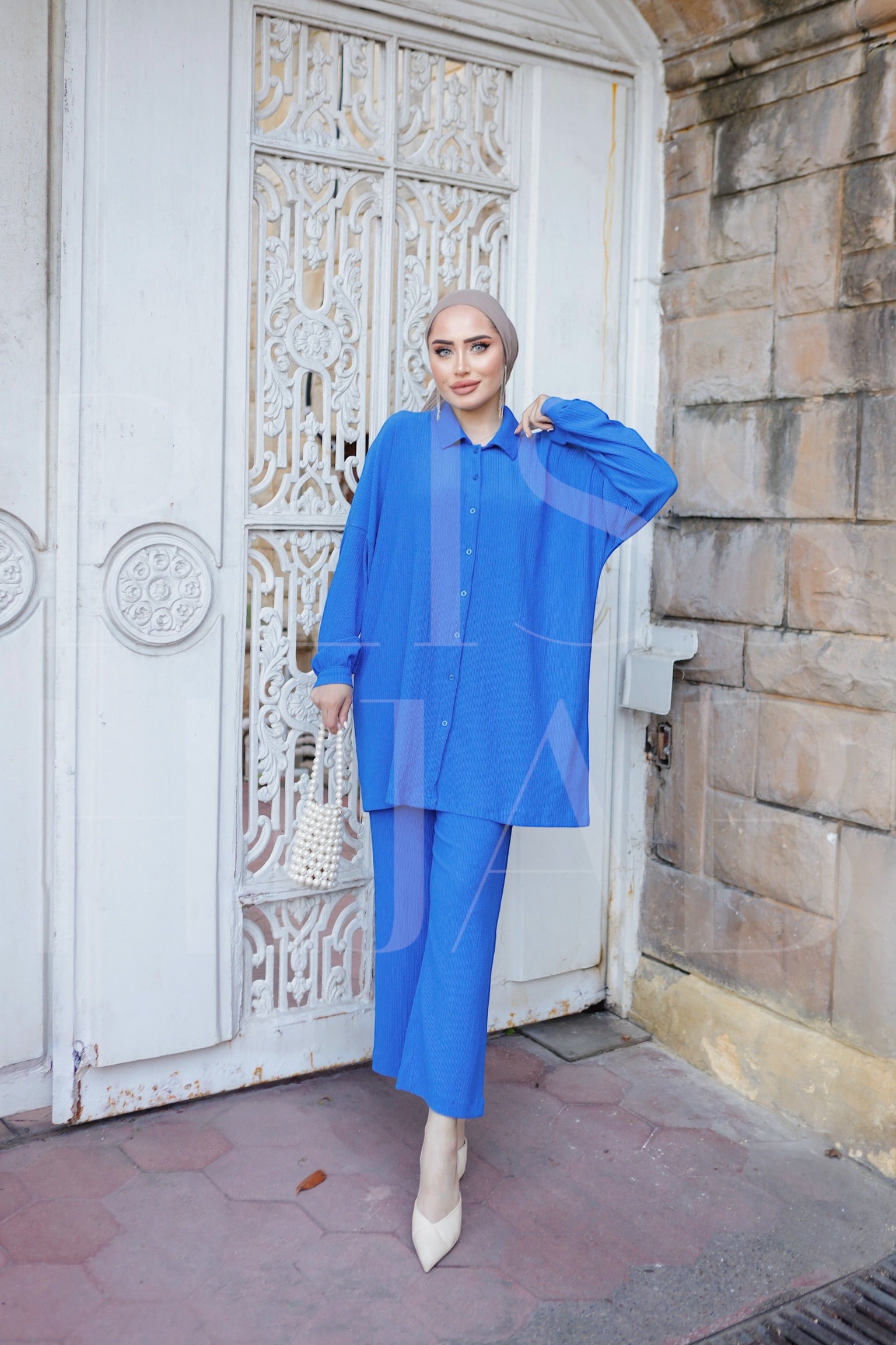 Fatin Buttoned Cotton 2 Piece Set - Blue