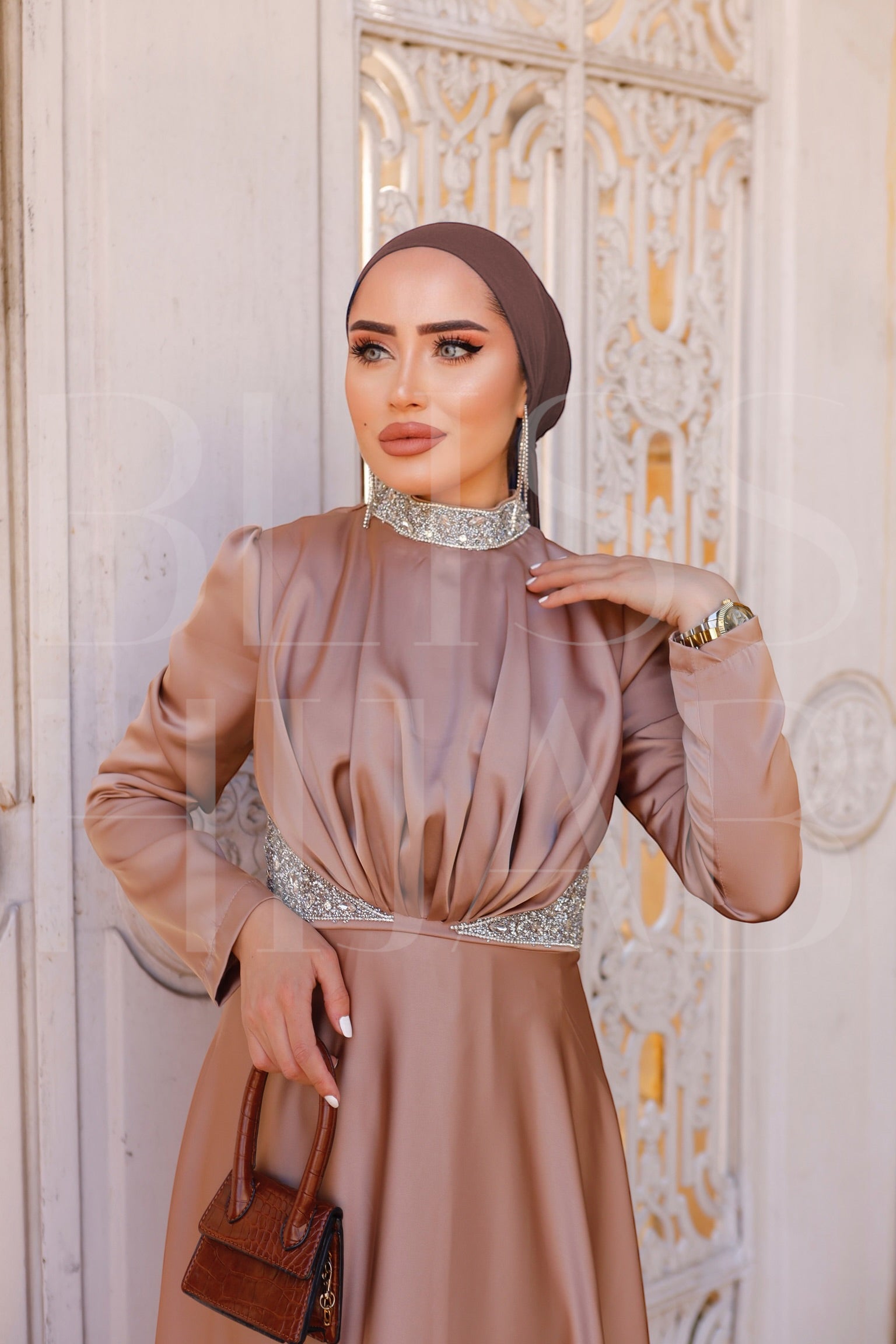 Asra Satin Crystal Satin Dress - Beige