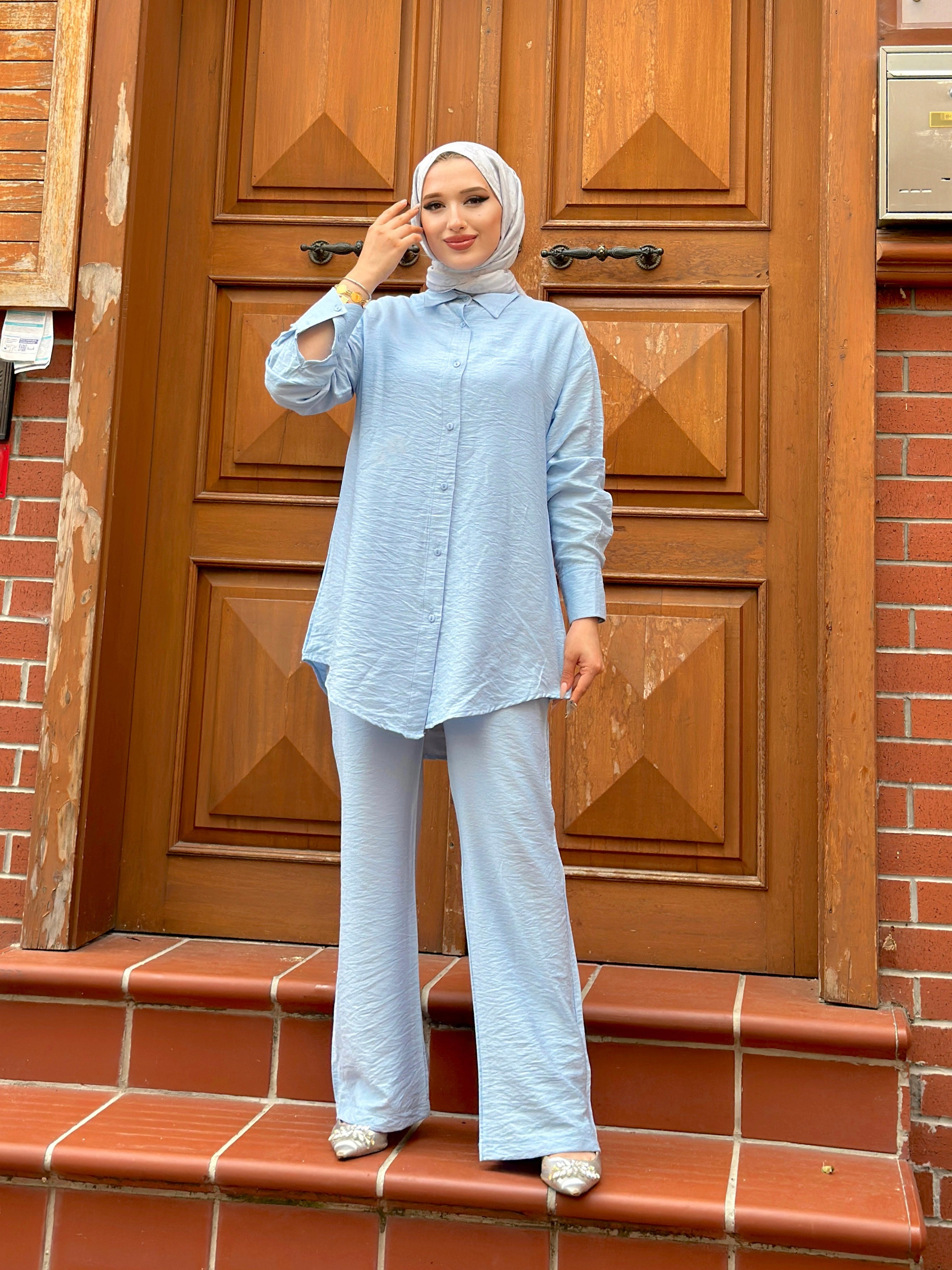 Qamar Buttoned Cotton 2 Piece Set - LT Blue