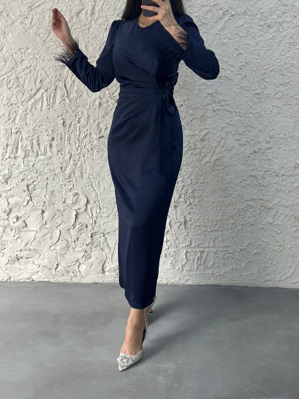 Lamis Feather Sleeve Satin Wrap Maxi Dress - Navy