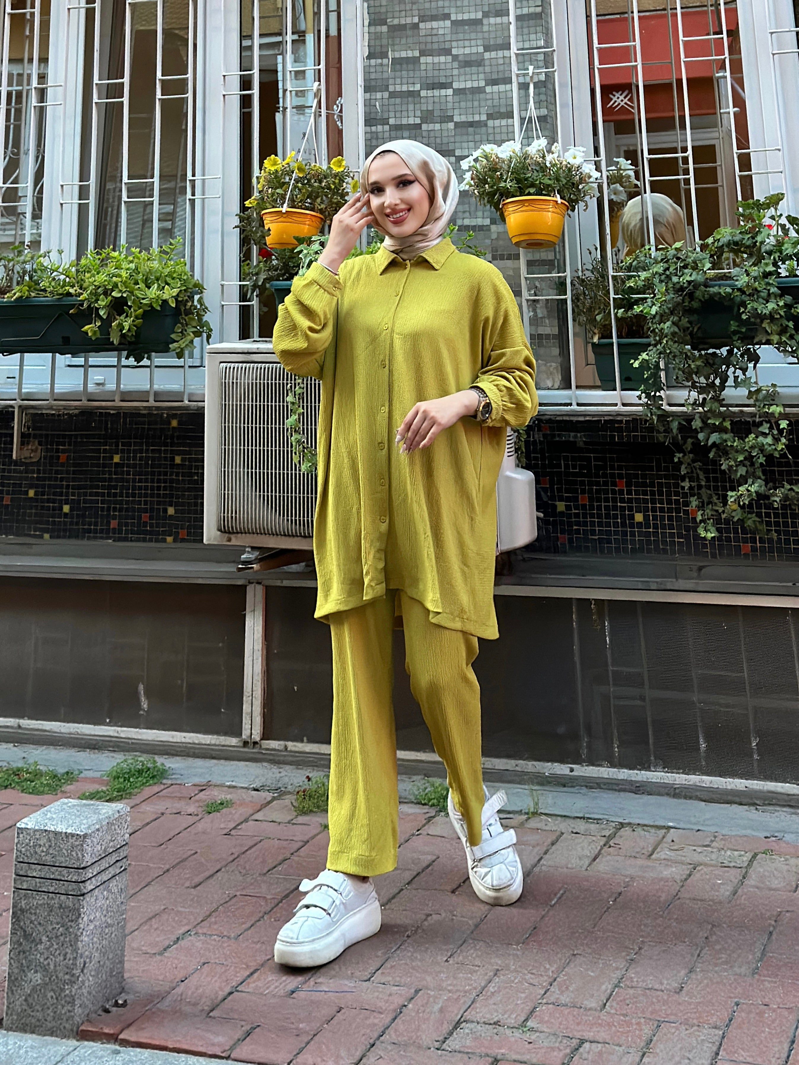 Fatin Buttoned Cotton 2 Piece Set - Pistachio